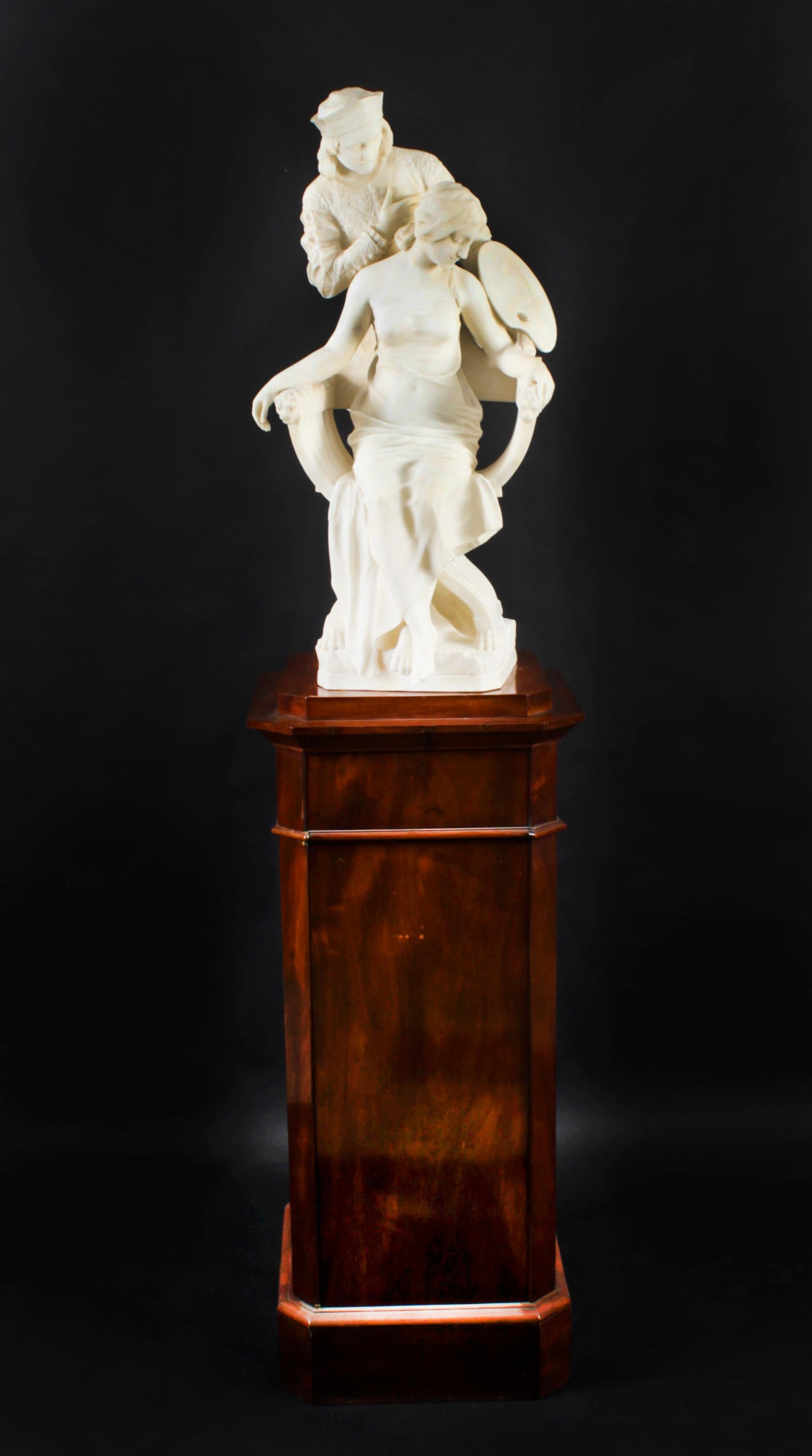 This is a splendid antique Italian carved alabaster sculpture of a figural group titled 'The Artist's Muse' by P. Emilio Fiaschi (Italian, 1858-1941), circa 1890 in date. 

This finely carved sculpture depicts a beautiful young couple modelled as a