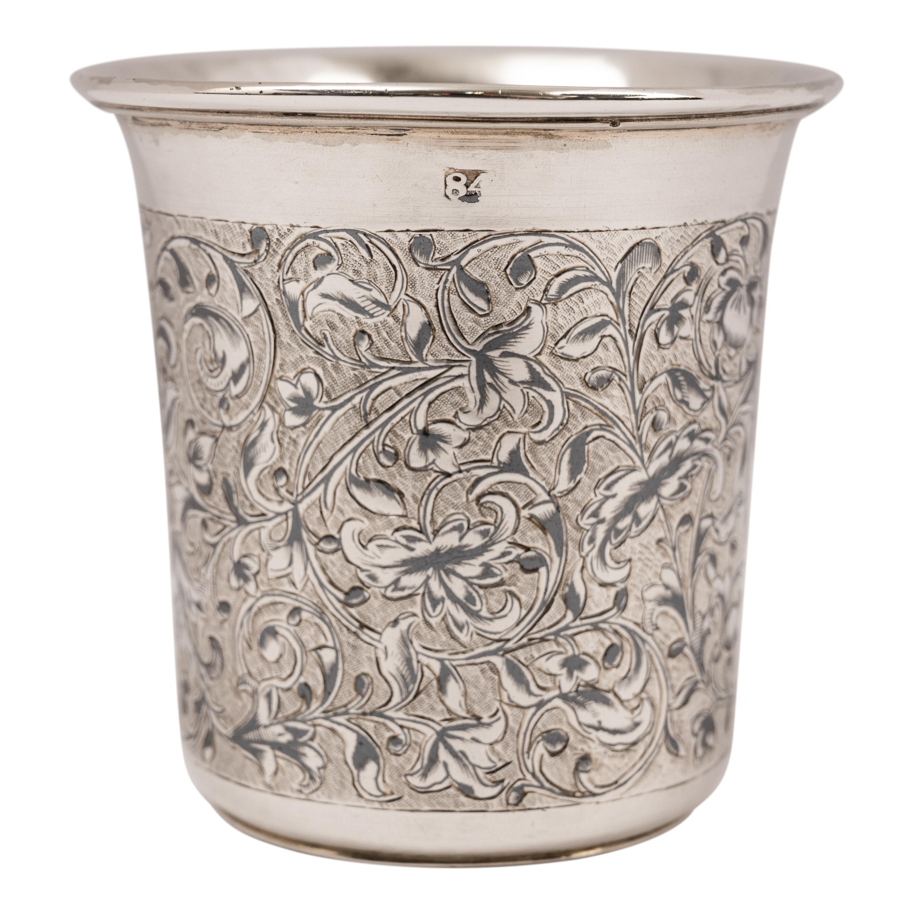 Late 19th Century Antique Large 84 Silver Russian Engraved Niello Kiddush Cup Beaker Moscow 1888 For Sale