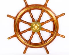 Antique Oak and Brass Set 8-Spoke Ships Wheel, 19th Century