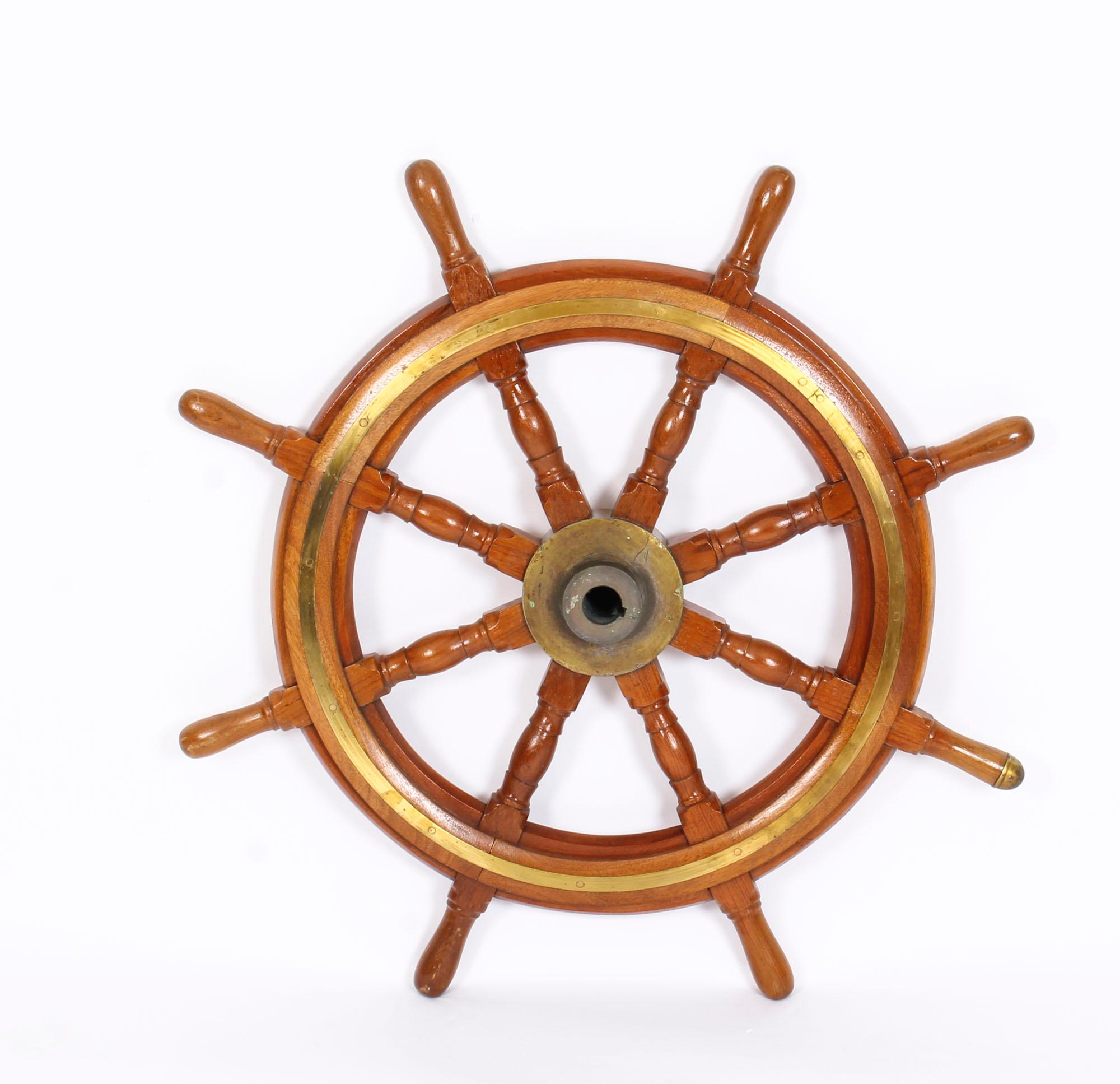 English Antique Oak and Brass Set 8-Spoke Ships Wheel, 19th Century