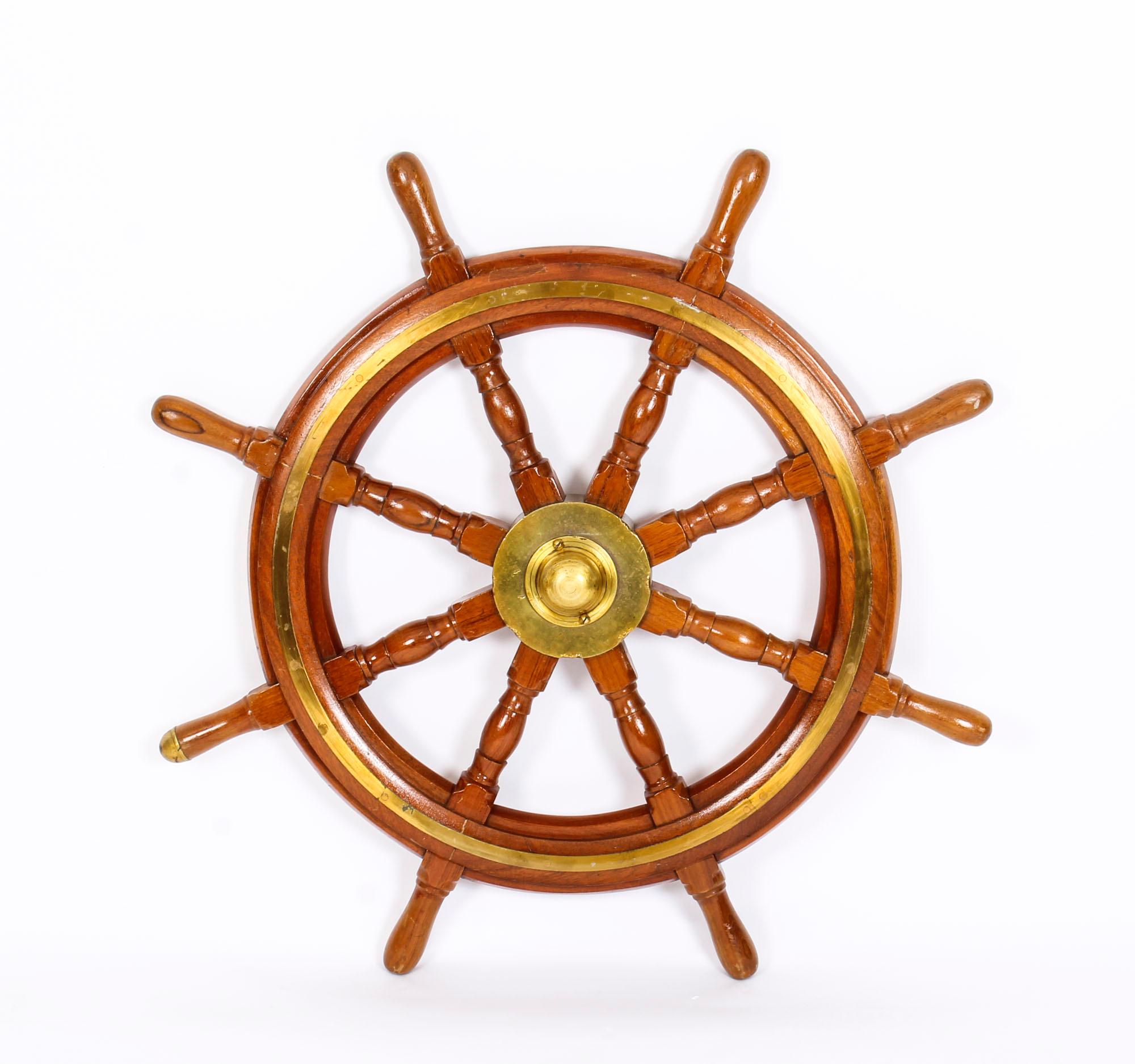 Antique Oak and Brass Set 8-Spoke Ships Wheel, 19th Century 1