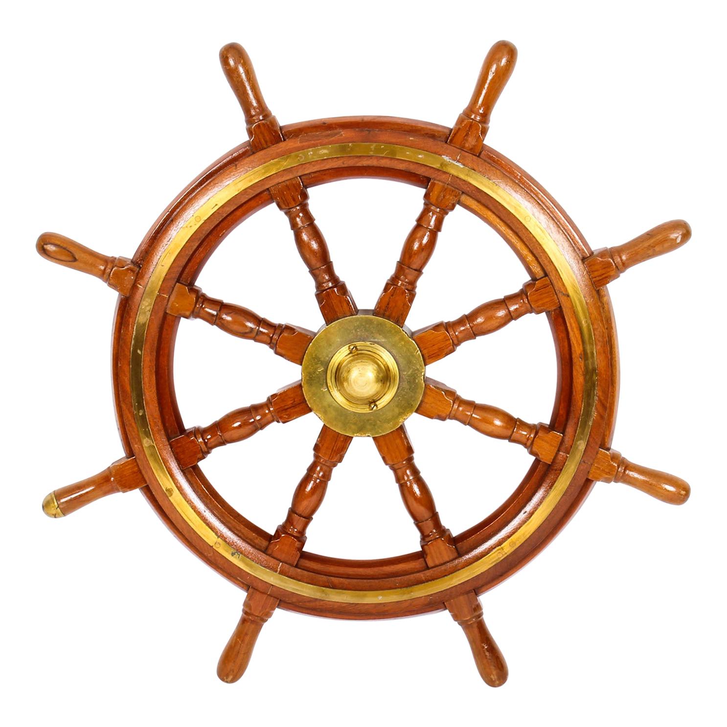 Antique Oak and Brass Set 8-Spoke Ships Wheel, 19th Century