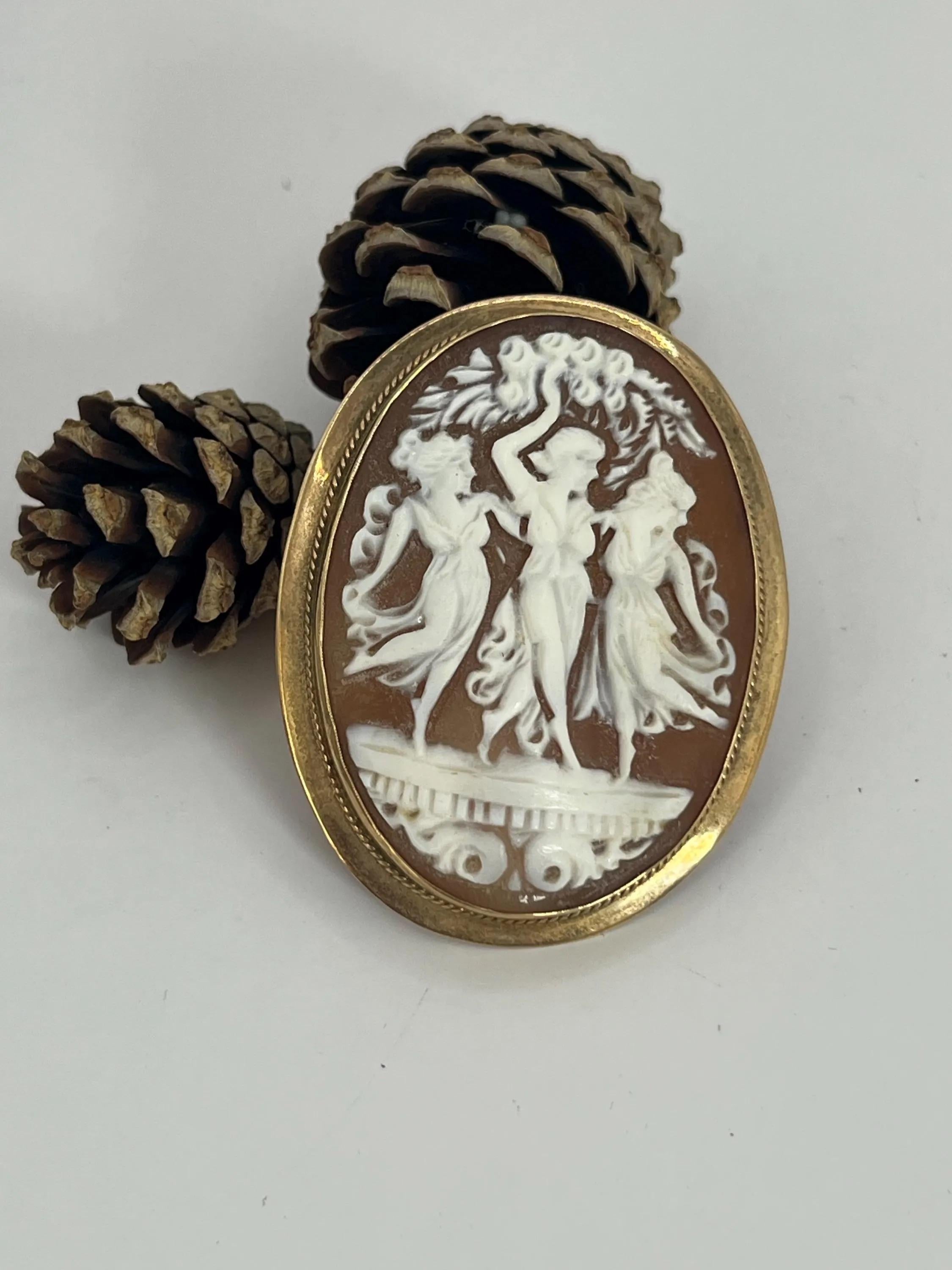 Antique Cameo Brooch

9ct Gold Hallmark

Circa 1920s

An impressive oval shell cameo brooch depicting the Three Graces, the classical figures of charm, beauty, and creativity.

The carving is finely executed, showing the trio in flowing drapery,