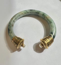 Antique Large AAA Jade & Pearl 18k Yellow Gold 3D Chinese Cuff Bangle Bracelet