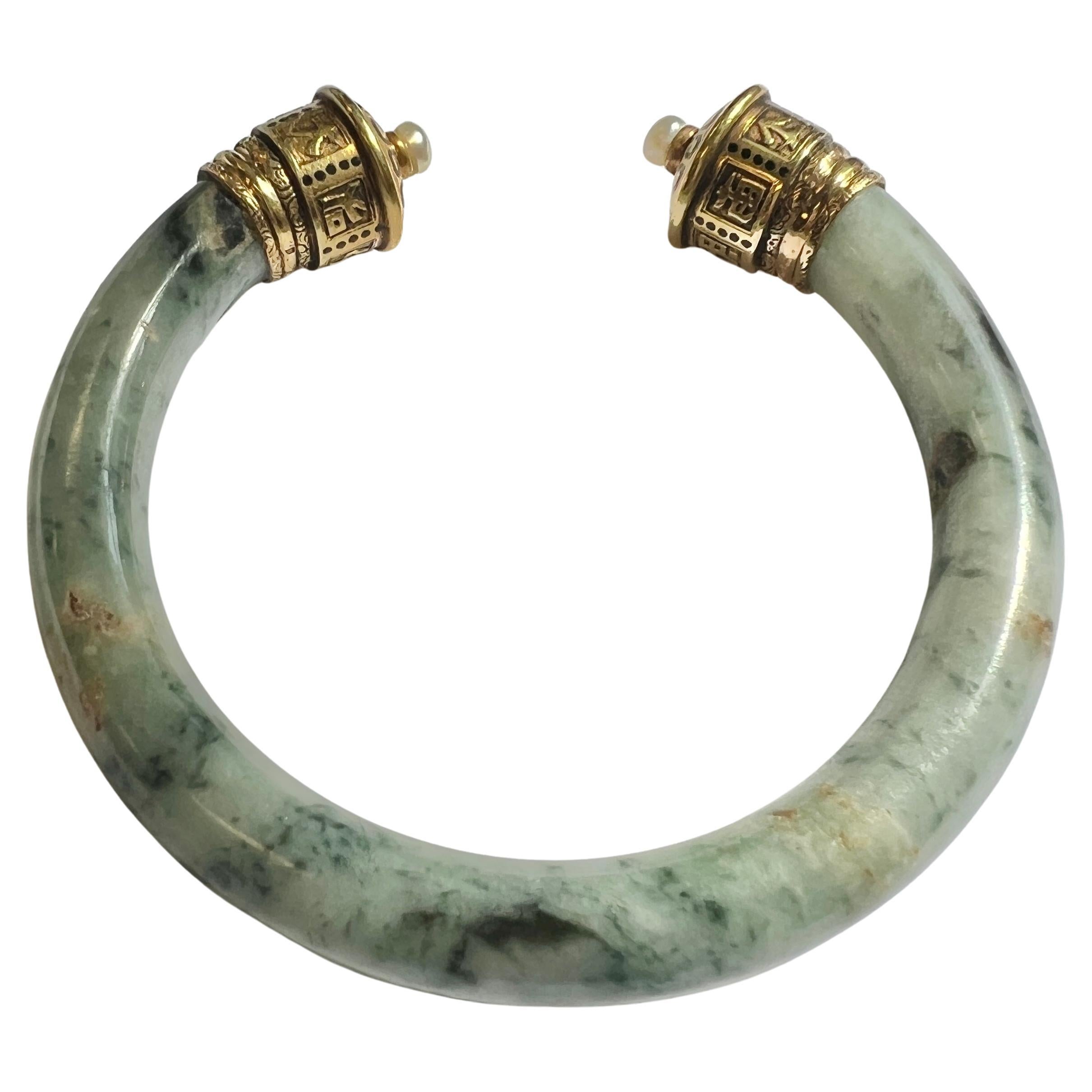 Antique Large AAA Jade & Pearl 18k Yellow Gold 3D Chinese Cuff Bangle Bracelet
