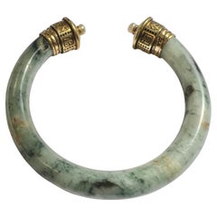 Antique Large AAA Jade & Pearl 18k Yellow Gold 3D Chinese Cuff Bangle Bracelet