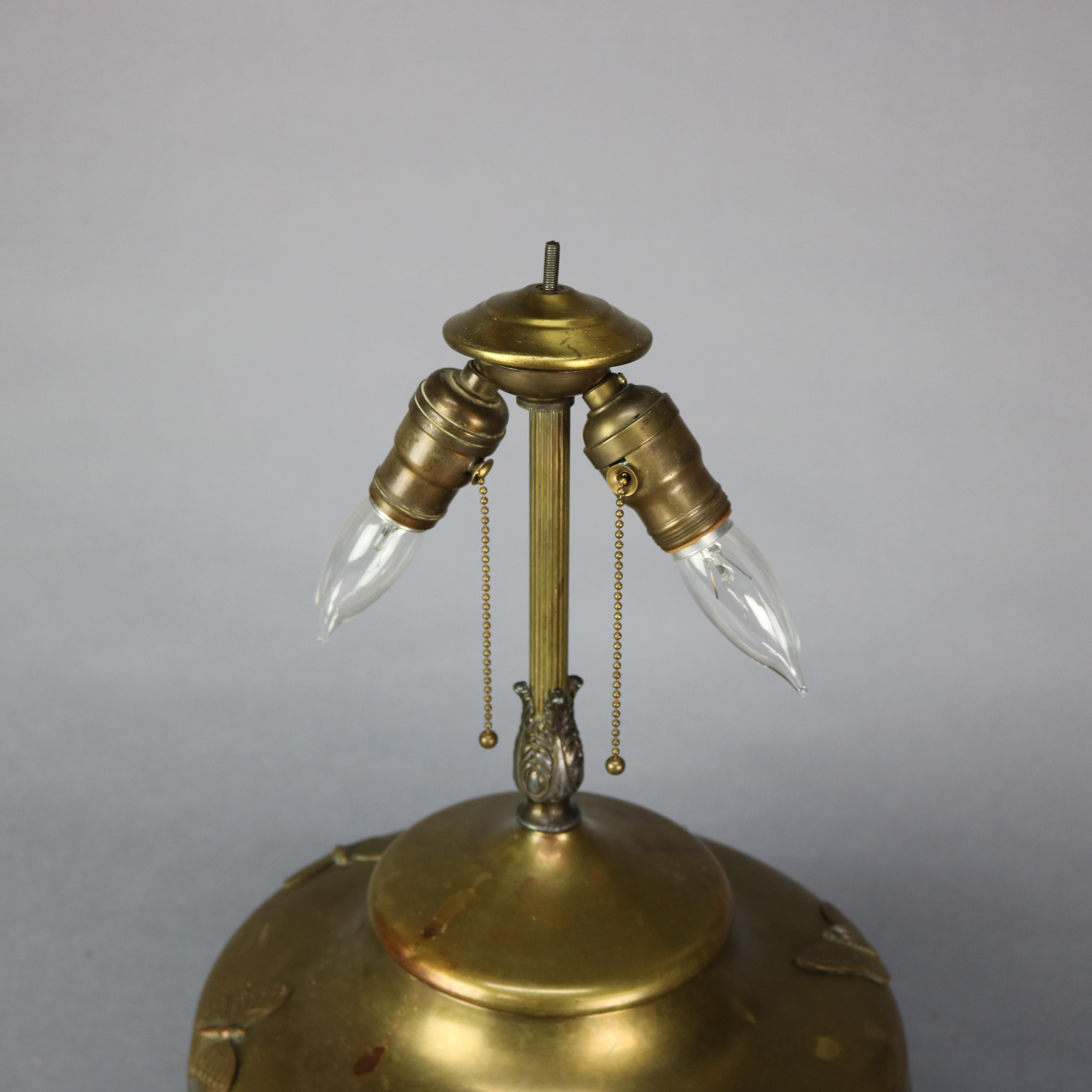 Antique Large Aesthetic Movement Brass & Slag Glass Lamp with Butterflies, c1900 5