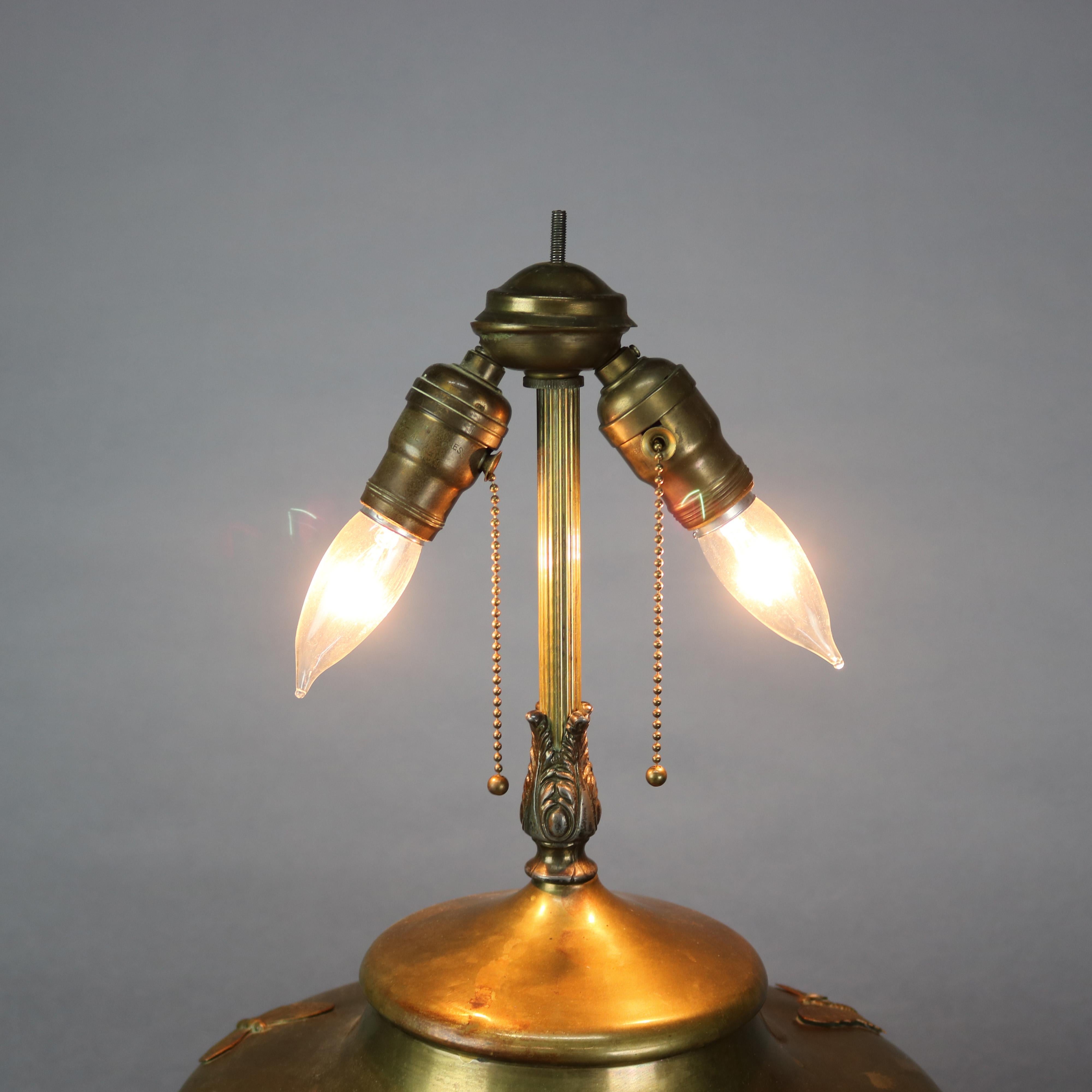 Antique Large Aesthetic Movement Brass & Slag Glass Lamp with Butterflies, c1900 6