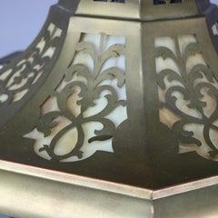Antique Large Aesthetic Movement Brass & Slag Glass Lamp with Butterflies, c1900