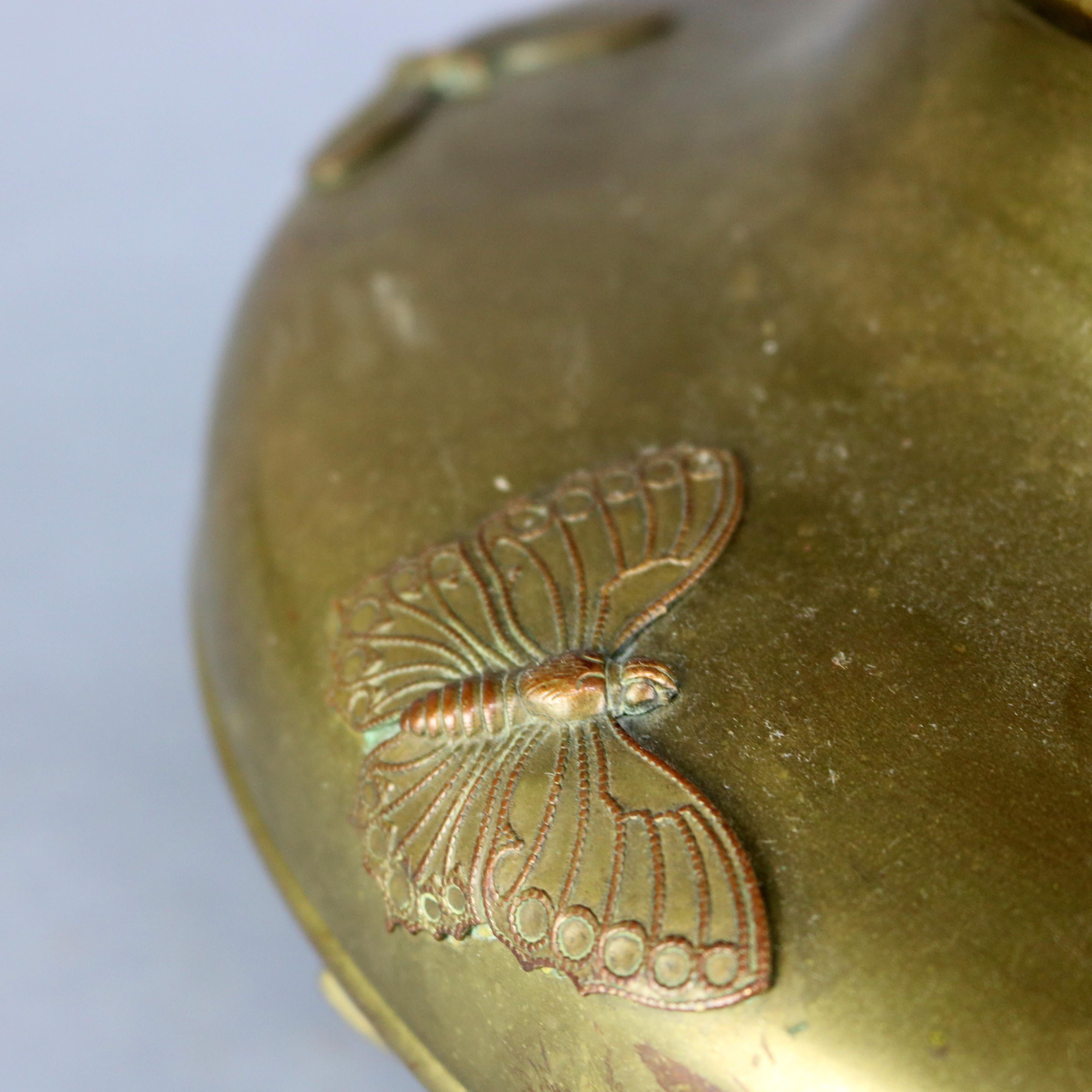 American Antique Large Aesthetic Movement Brass & Slag Glass Lamp with Butterflies, c1900