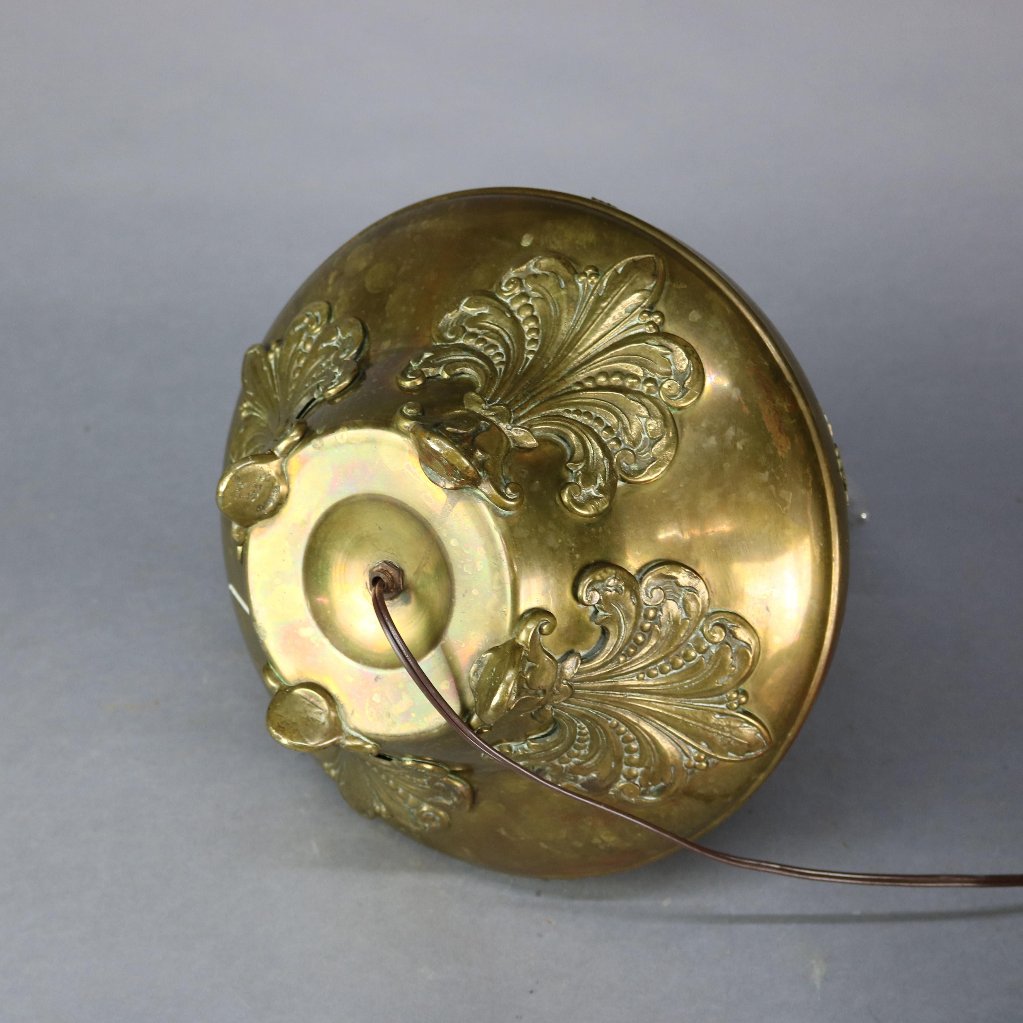 Cast Antique Large Aesthetic Movement Brass & Slag Glass Lamp with Butterflies, c1900