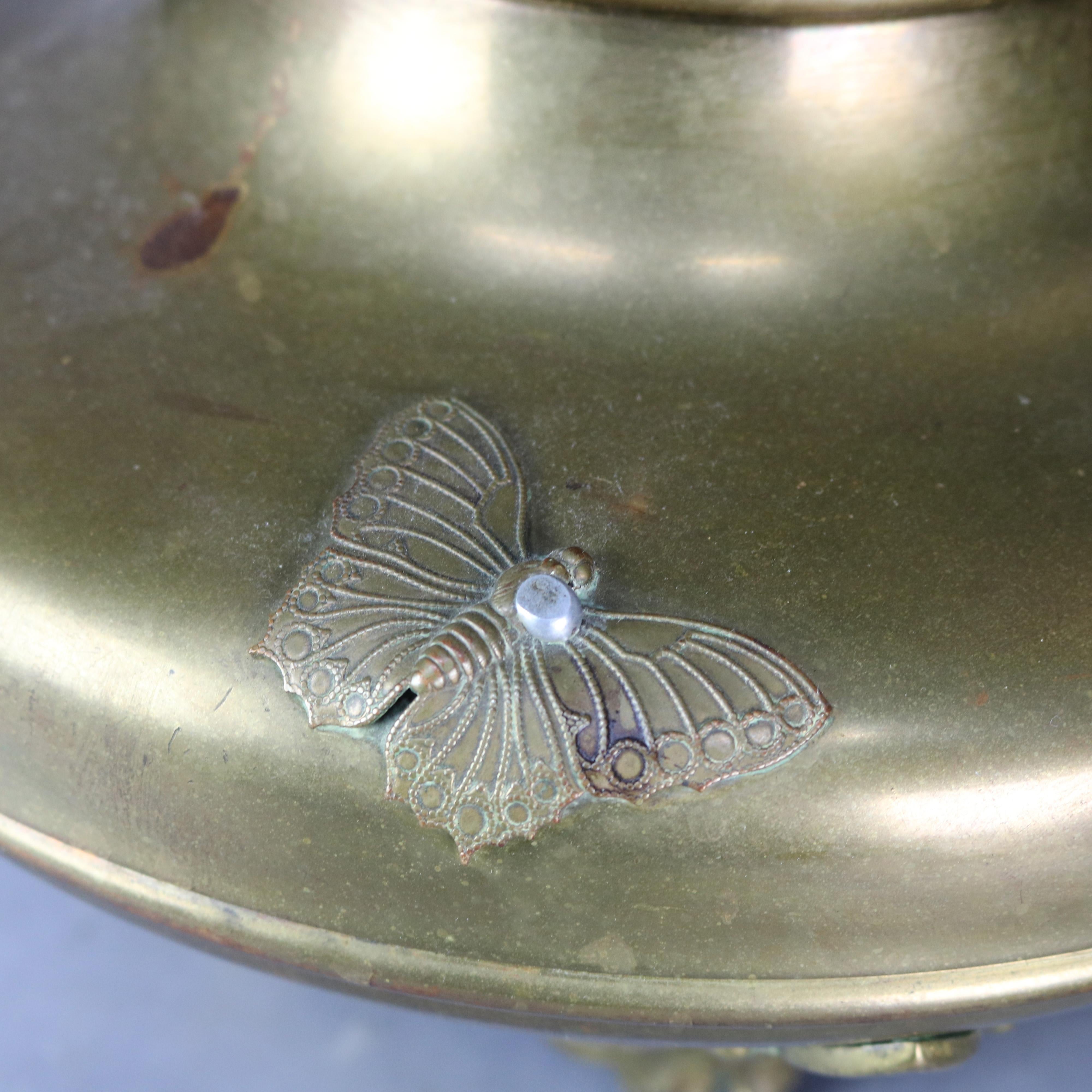 Antique Large Aesthetic Movement Brass & Slag Glass Lamp with Butterflies, c1900 In Good Condition In Big Flats, NY