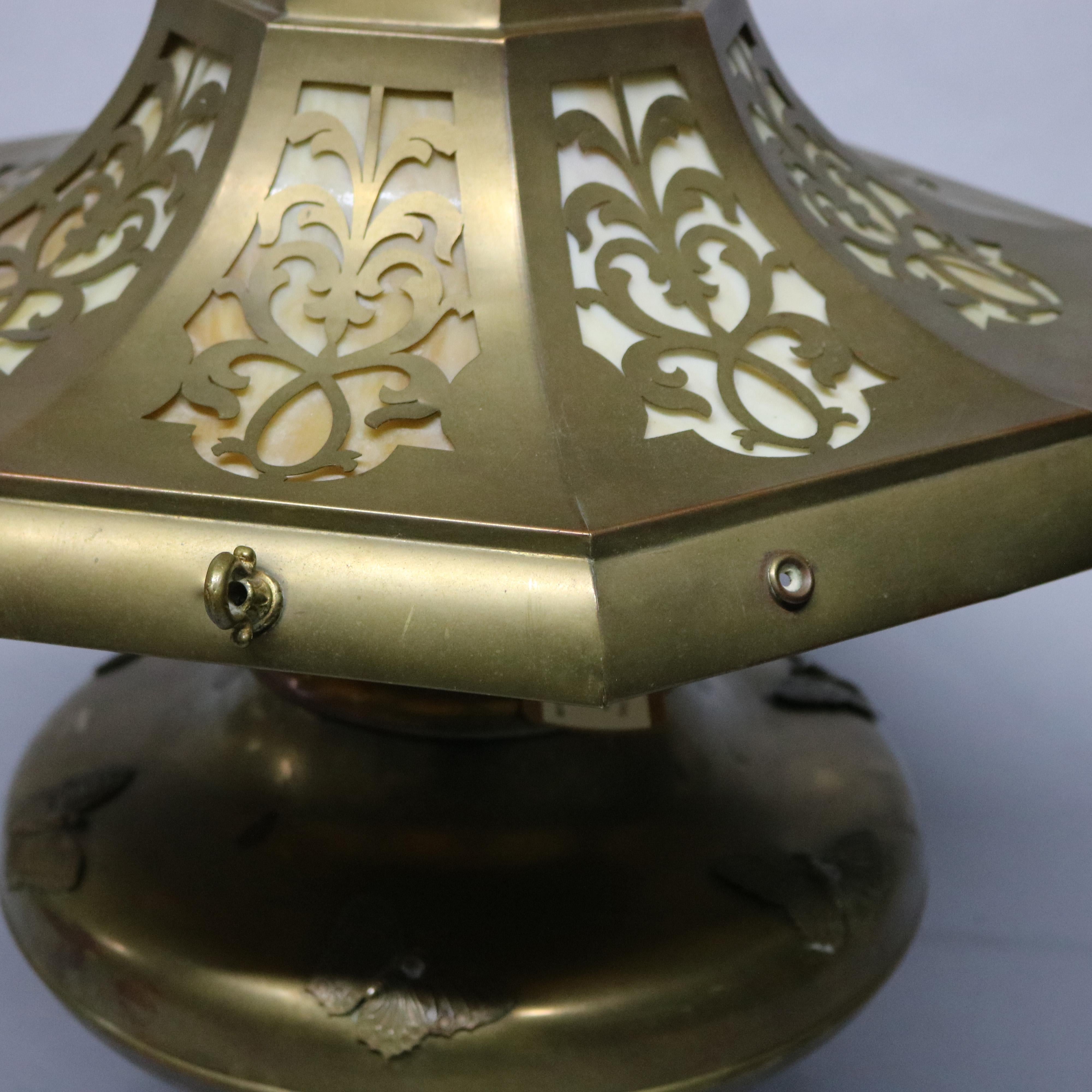 20th Century Antique Large Aesthetic Movement Brass & Slag Glass Lamp with Butterflies, c1900