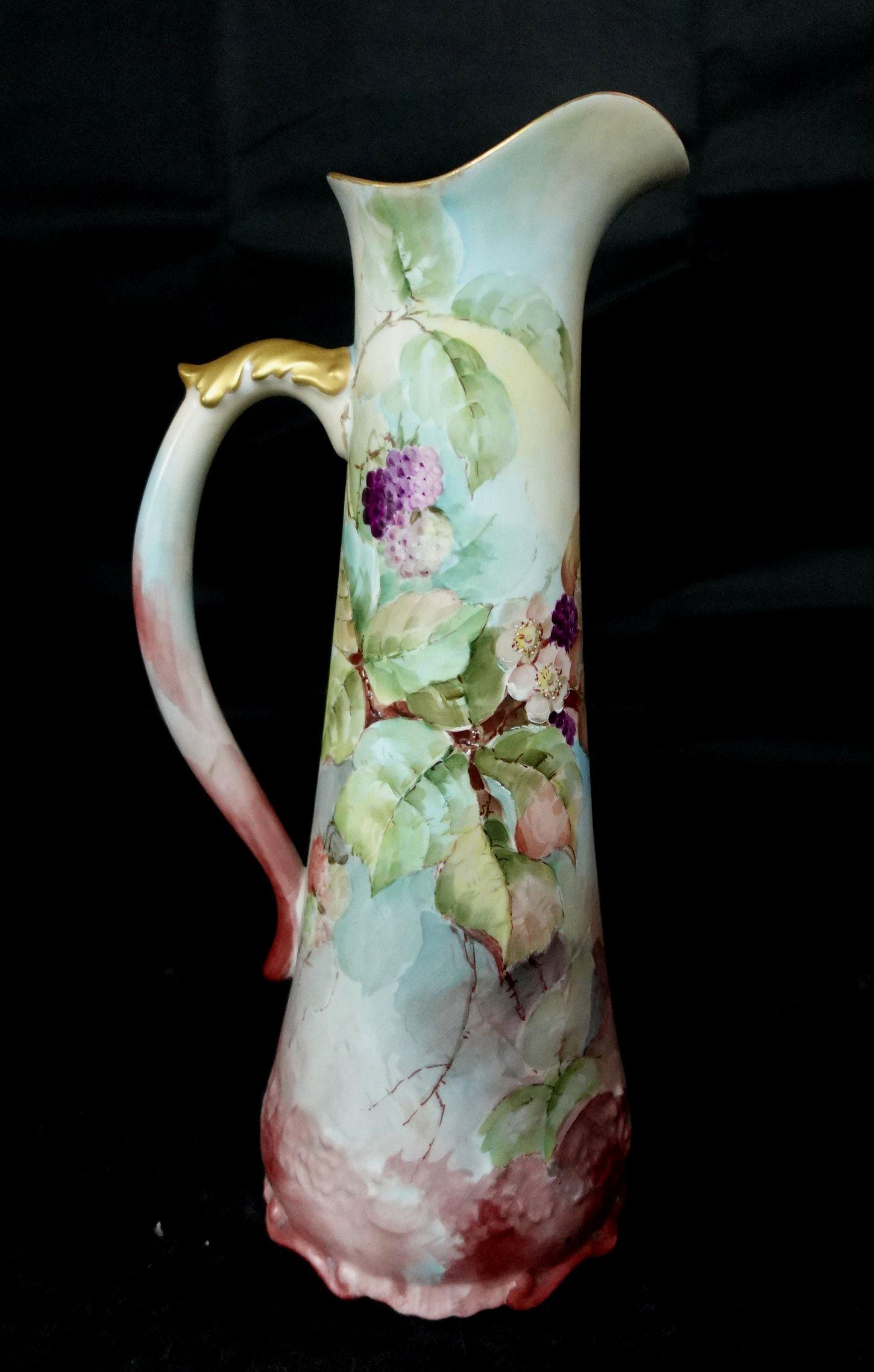 Antique Large AK French Floral Tankard In Good Condition For Sale In Norton, MA