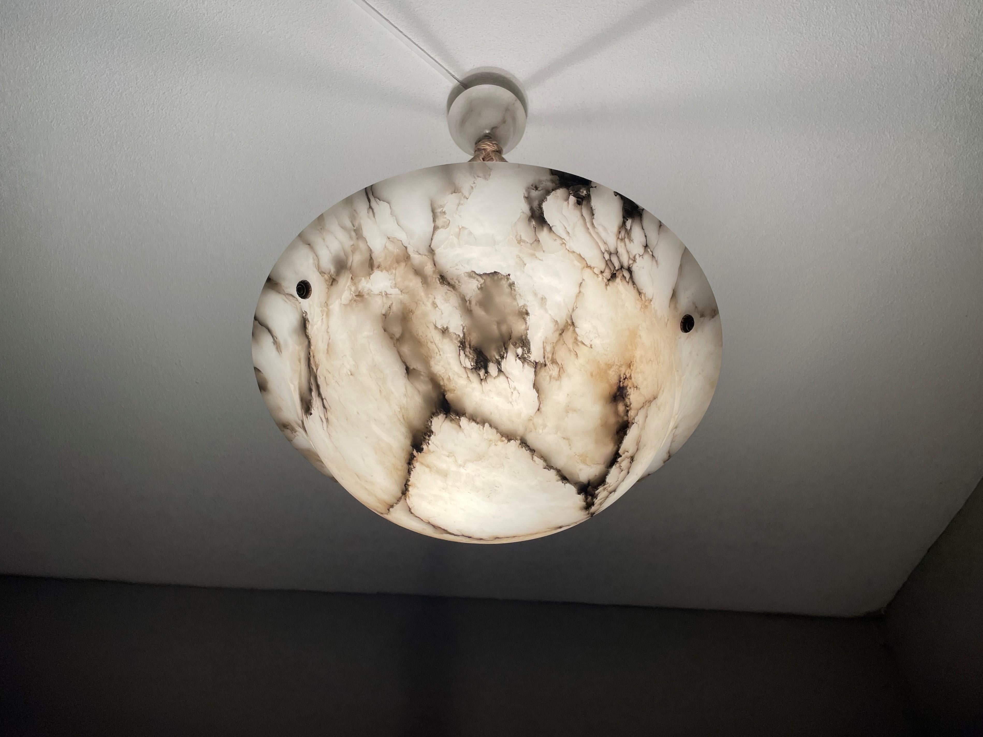 Antique Large Alabaster & Black Veins Pendant Chandelier w. Mint Shade & Canopy 2