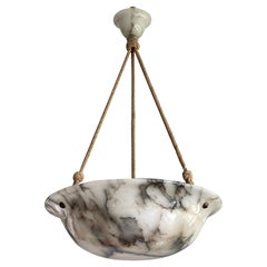 Antique Large Alabaster & Black Veins Pendant Chandelier w. Mint Shade & Canopy