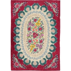 Large Antique Fine American Hooked Rug with French Floral Design in Ruby Red