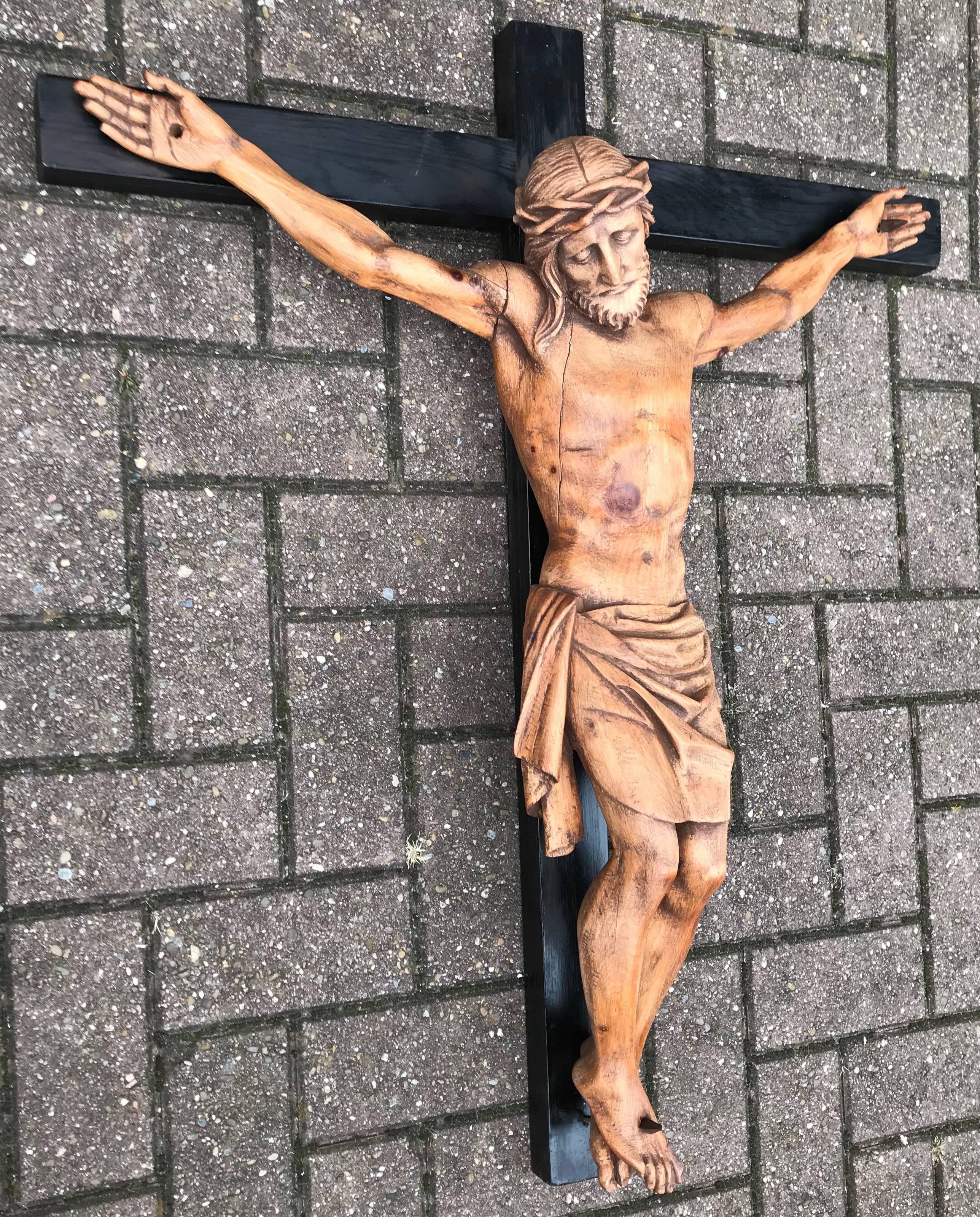 Ebonized Antique, Large and Hand-Carved French Wall Crucifix / Jesus Christ on the Cross
