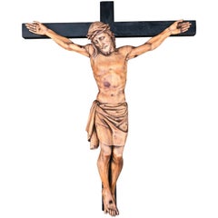 Crucifix mural français ancien:: grand et sculpté à la main / Jésus-Christ en croix