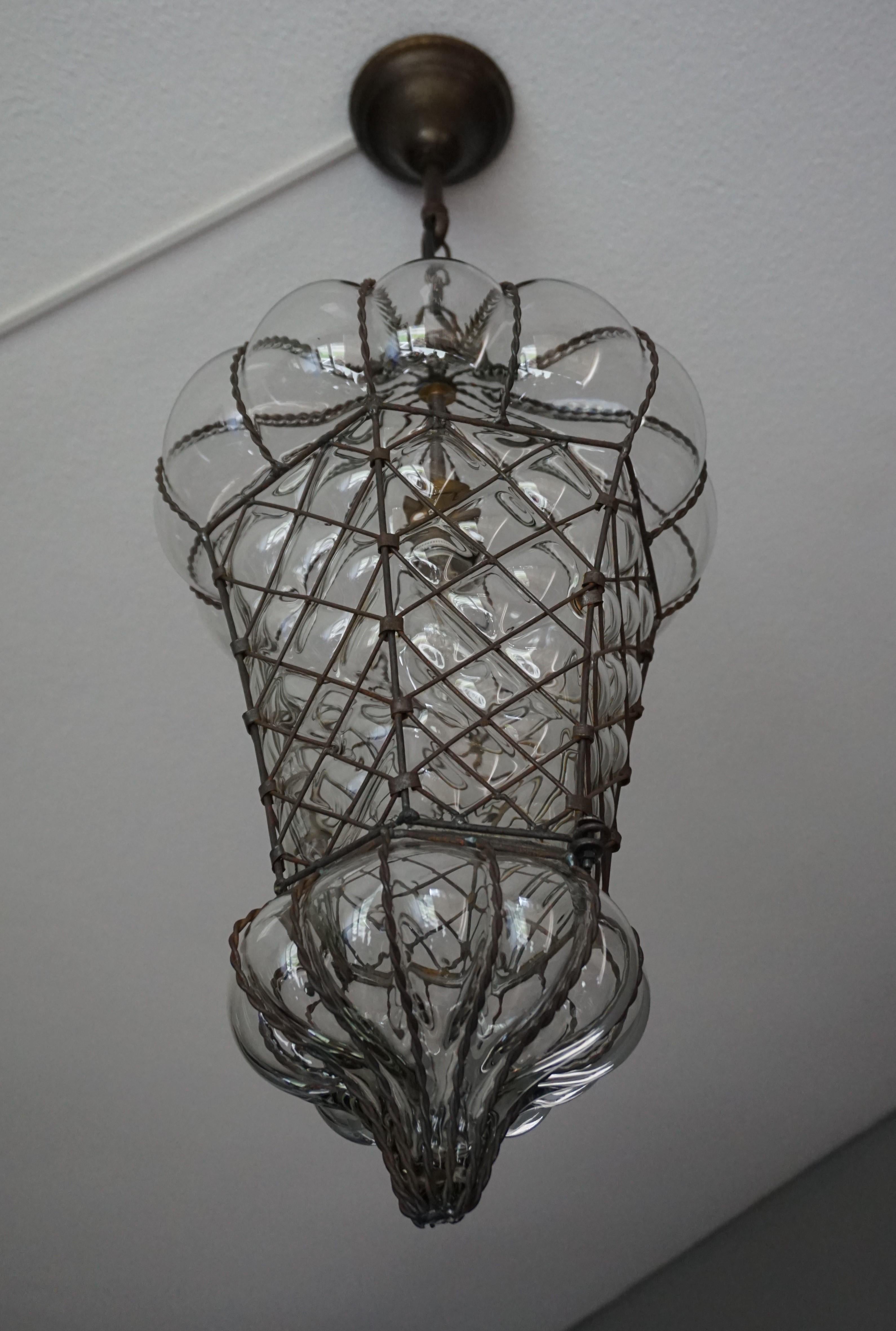 Antique Large and Rare Venetian Mouth Blown Glass in Metal Frame Pendant Light 4