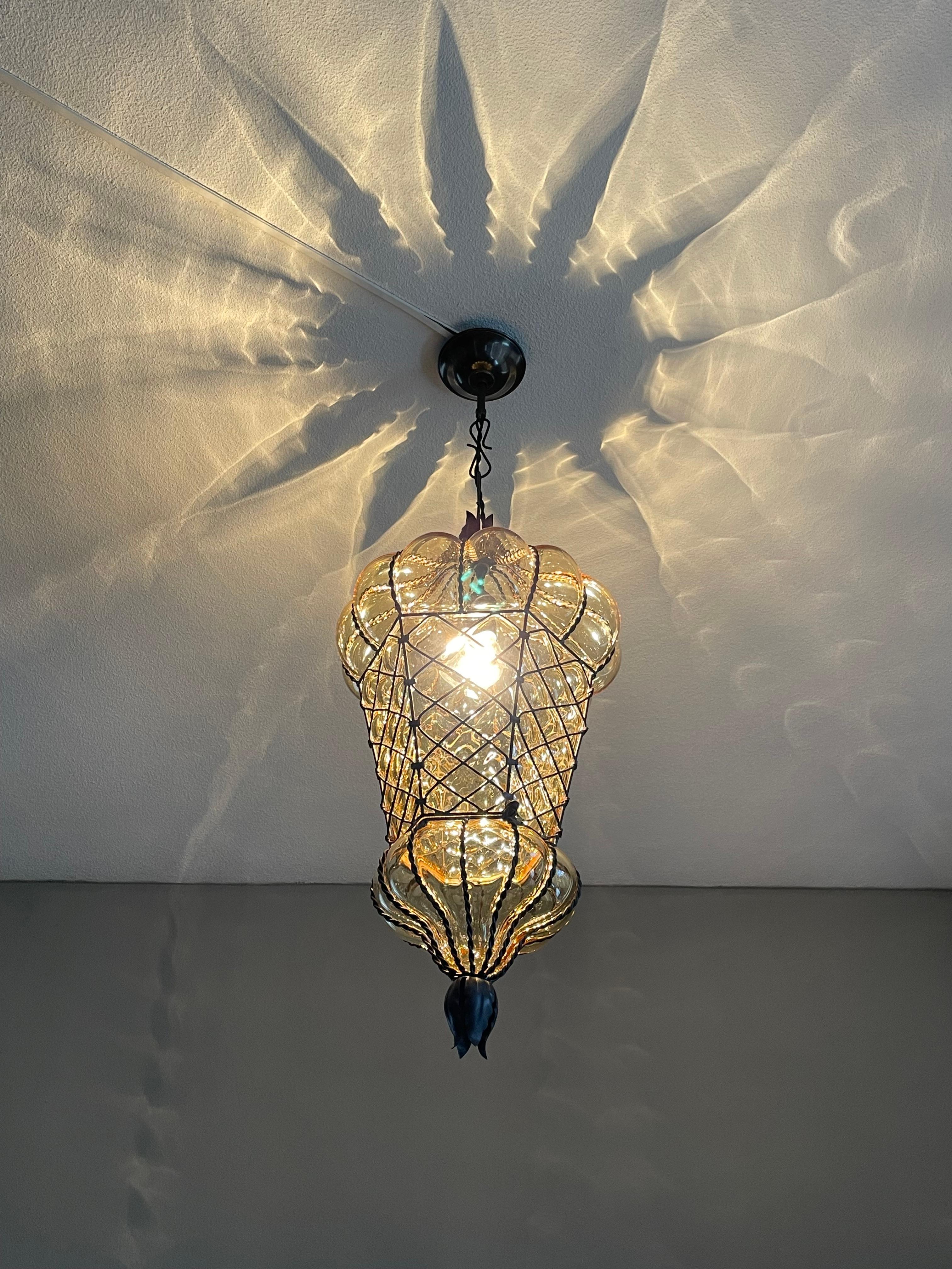 Antique Large and Rare Venetian Mouth Blown Glass in Metal Frame Pendant Light For Sale 4