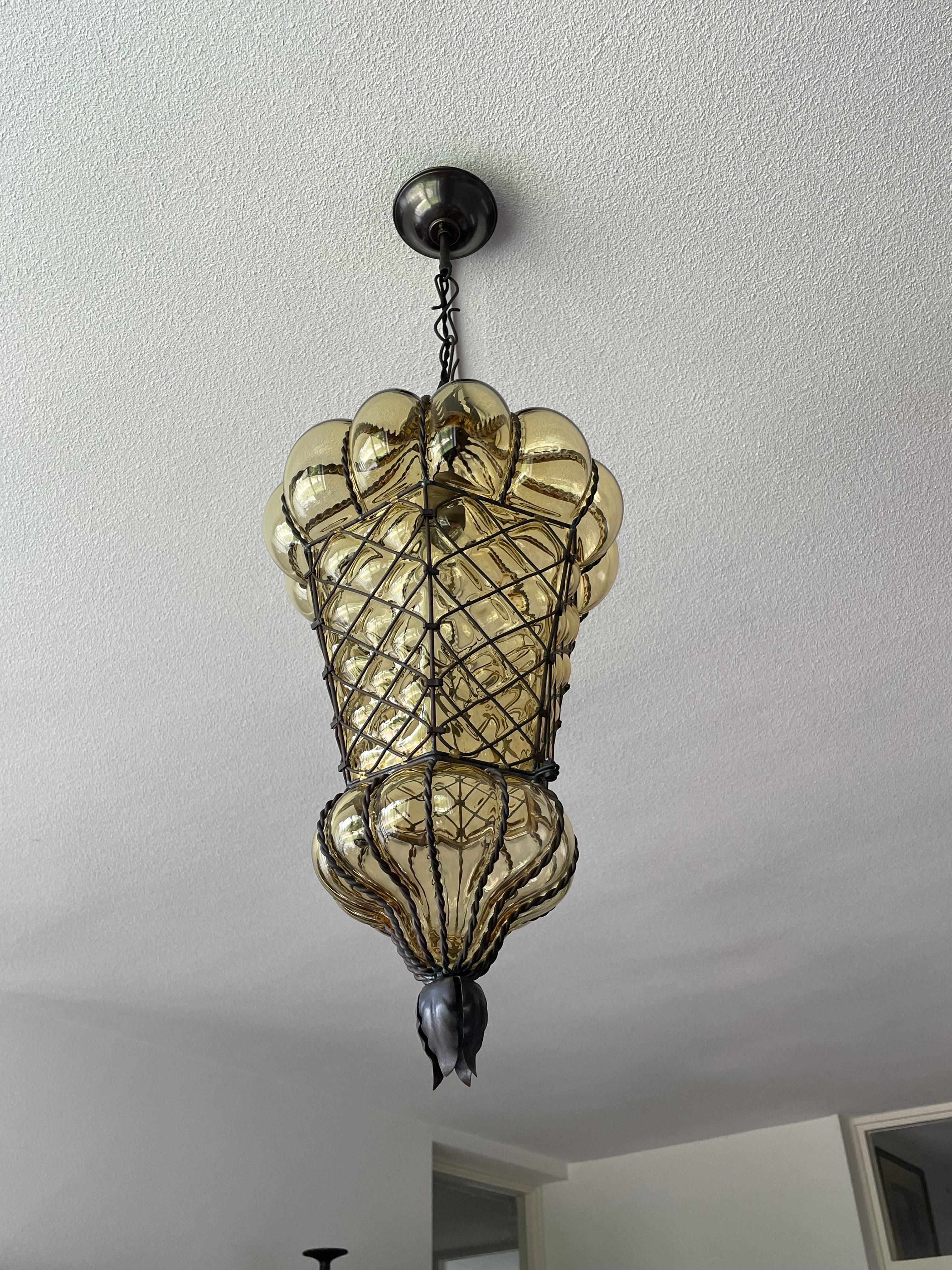 Antique Large and Rare Venetian Mouth Blown Glass in Metal Frame Pendant Light For Sale 6