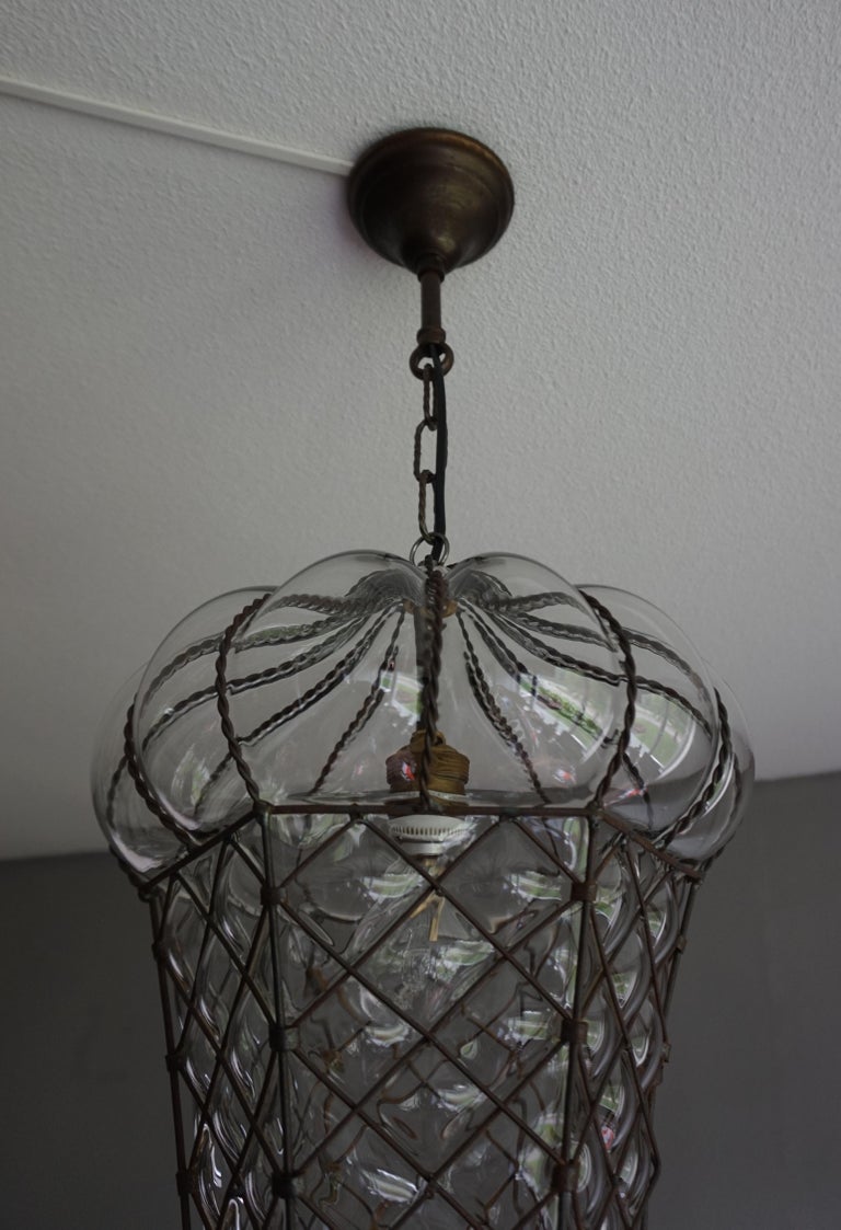 Antique Large and Rare Mouth Blown Glass in Metal Frame