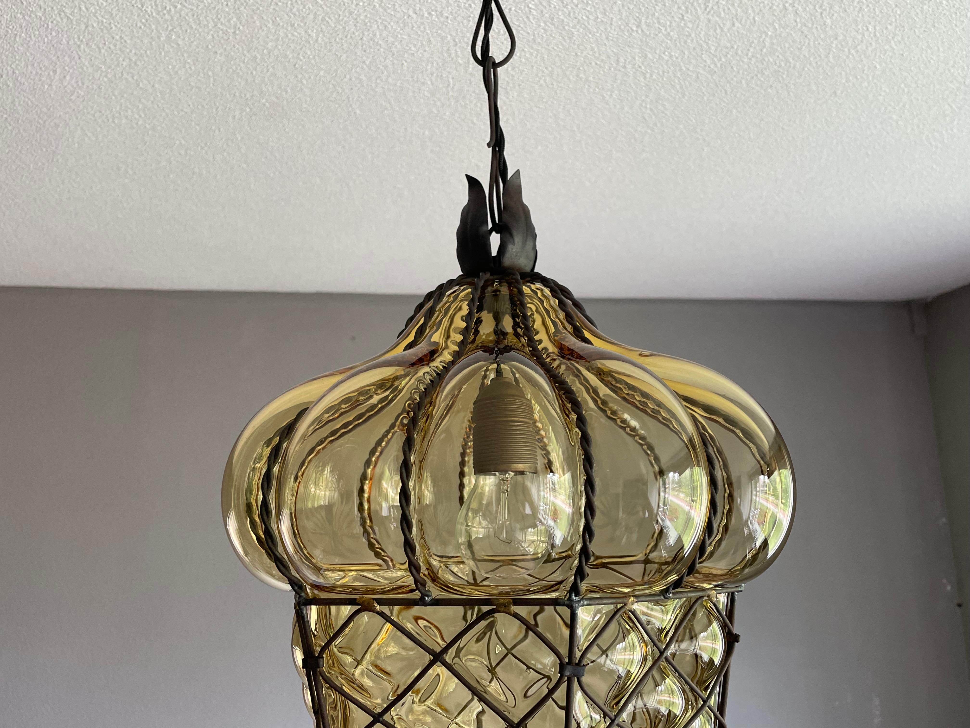 Antique Large and Rare Venetian Mouth Blown Glass in Metal Frame Pendant Light For Sale 8