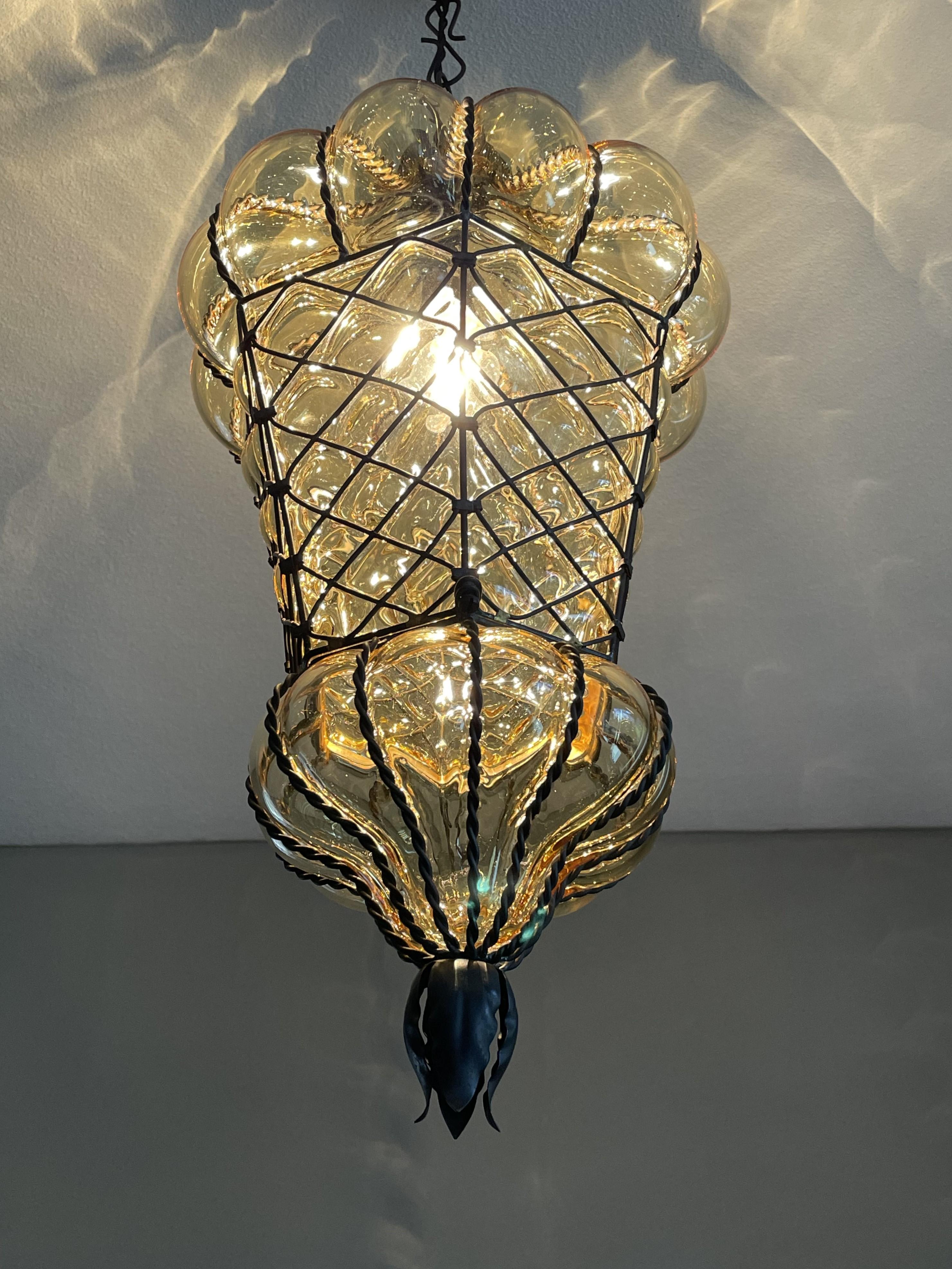 Antique Large and Rare Venetian Mouth Blown Glass in Metal Frame Pendant Light For Sale 9
