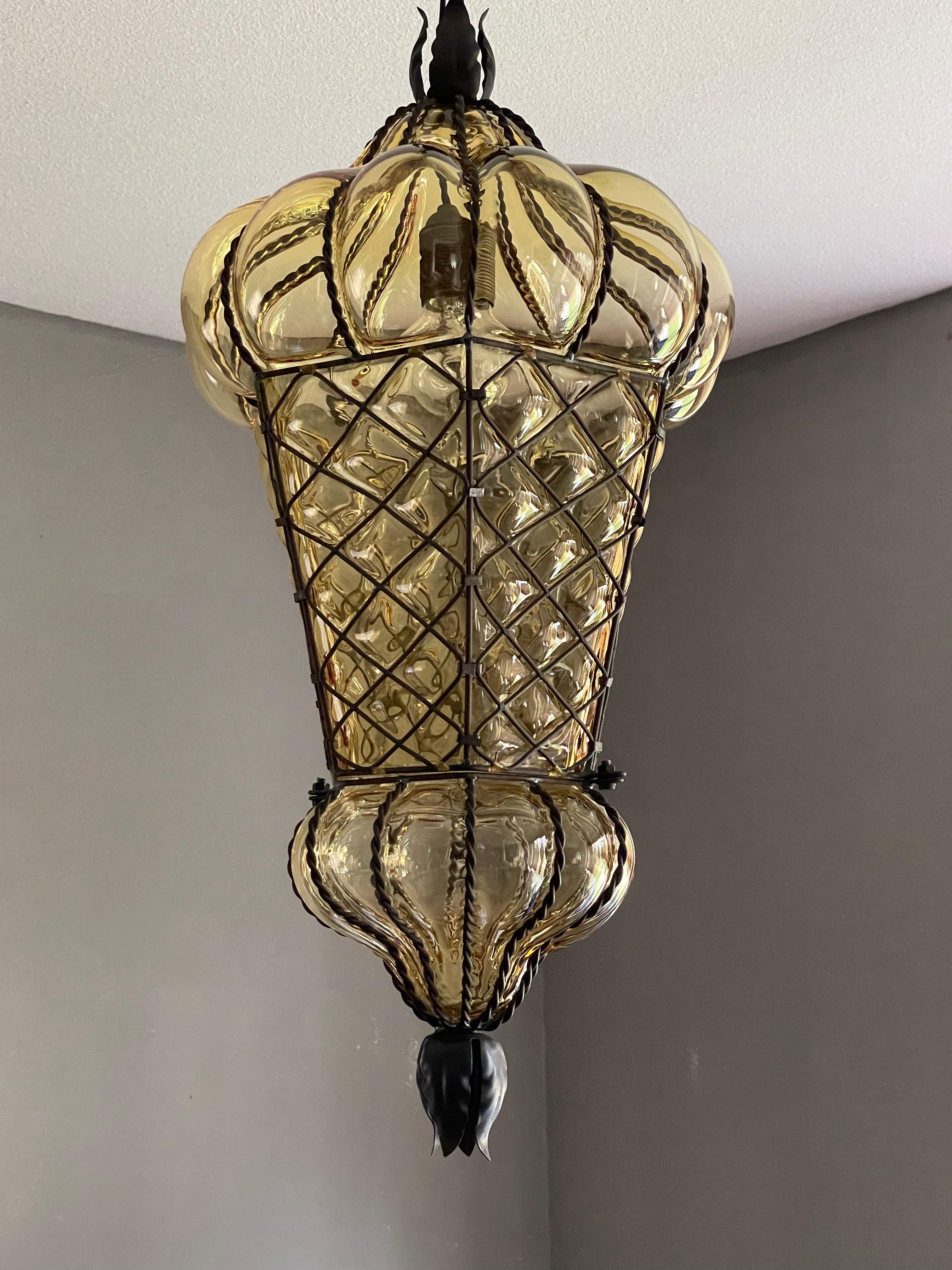 Antique Large and Rare Venetian Mouth Blown Glass in Metal Frame Pendant Light For Sale 11
