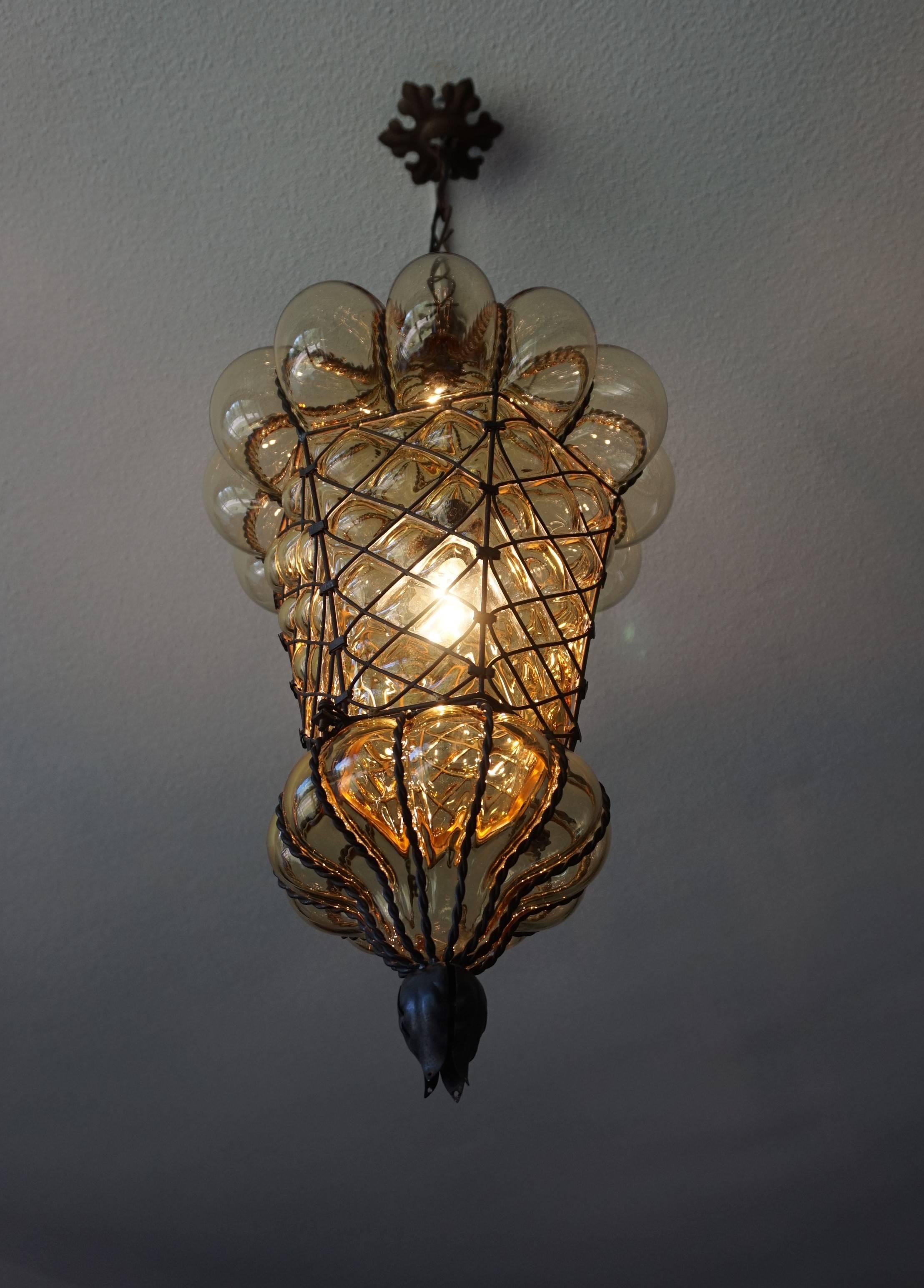 Arts and Crafts Antique Large and Rare Venetian Mouth Blown Glass in Metal Frame Pendant Light