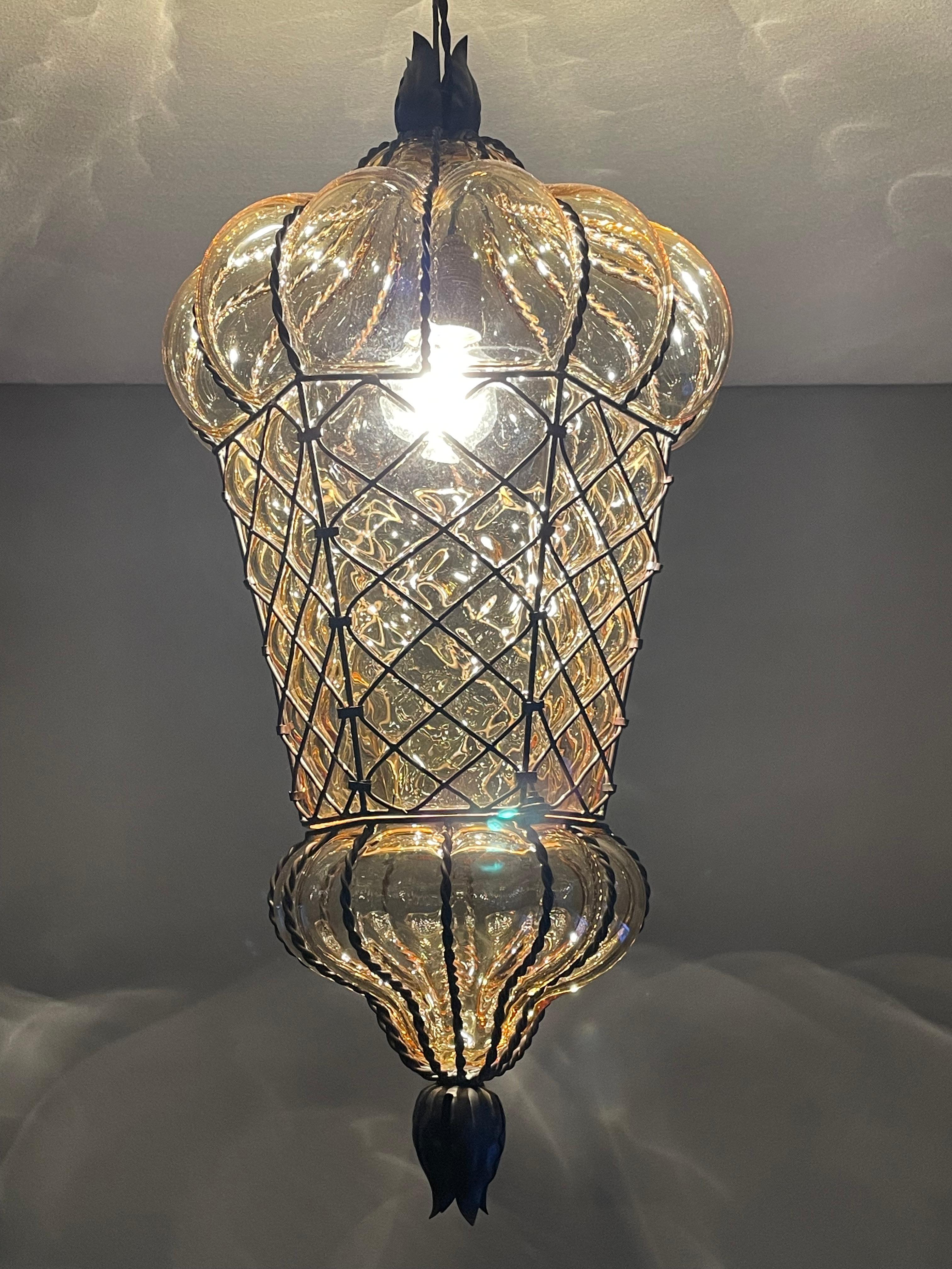 Arts and Crafts Antique Large and Rare Venetian Mouth Blown Glass in Metal Frame Pendant Light For Sale