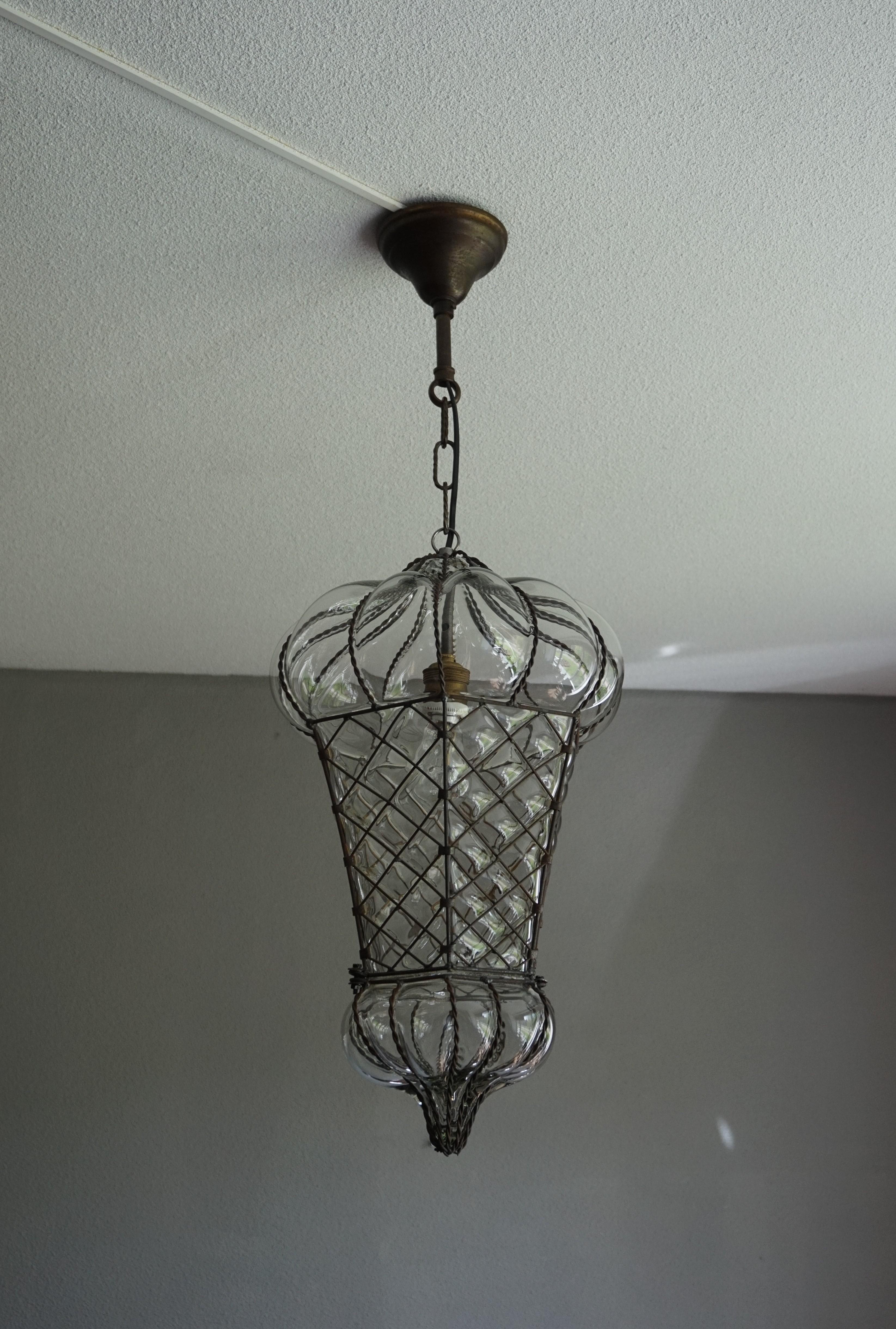 Italian Antique Large and Rare Venetian Mouth Blown Glass in Metal Frame Pendant Light