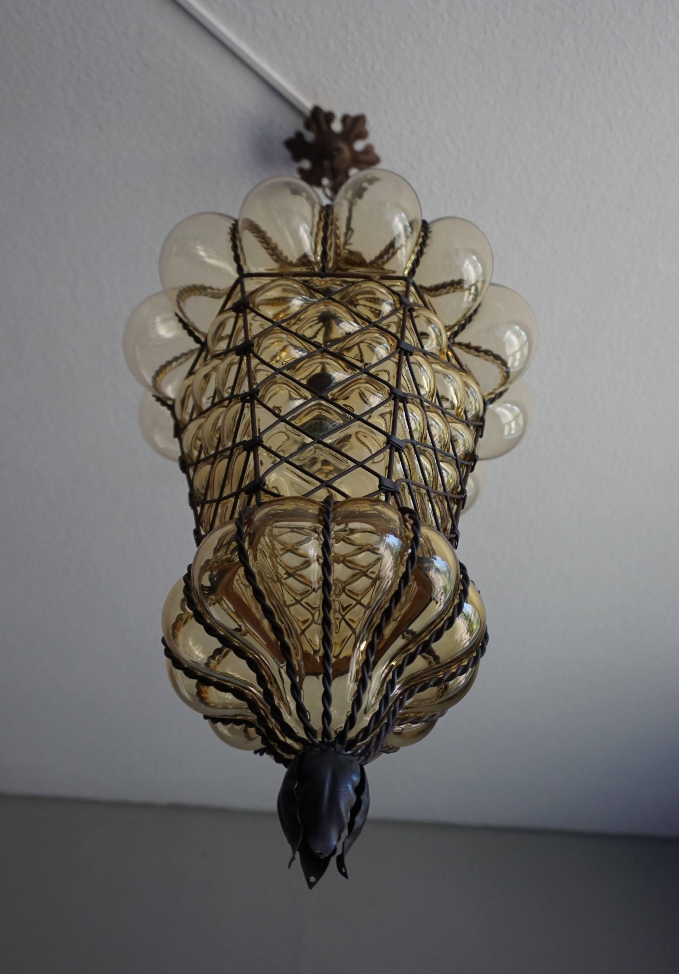 Italian Antique Large and Rare Venetian Mouth Blown Glass in Metal Frame Pendant Light