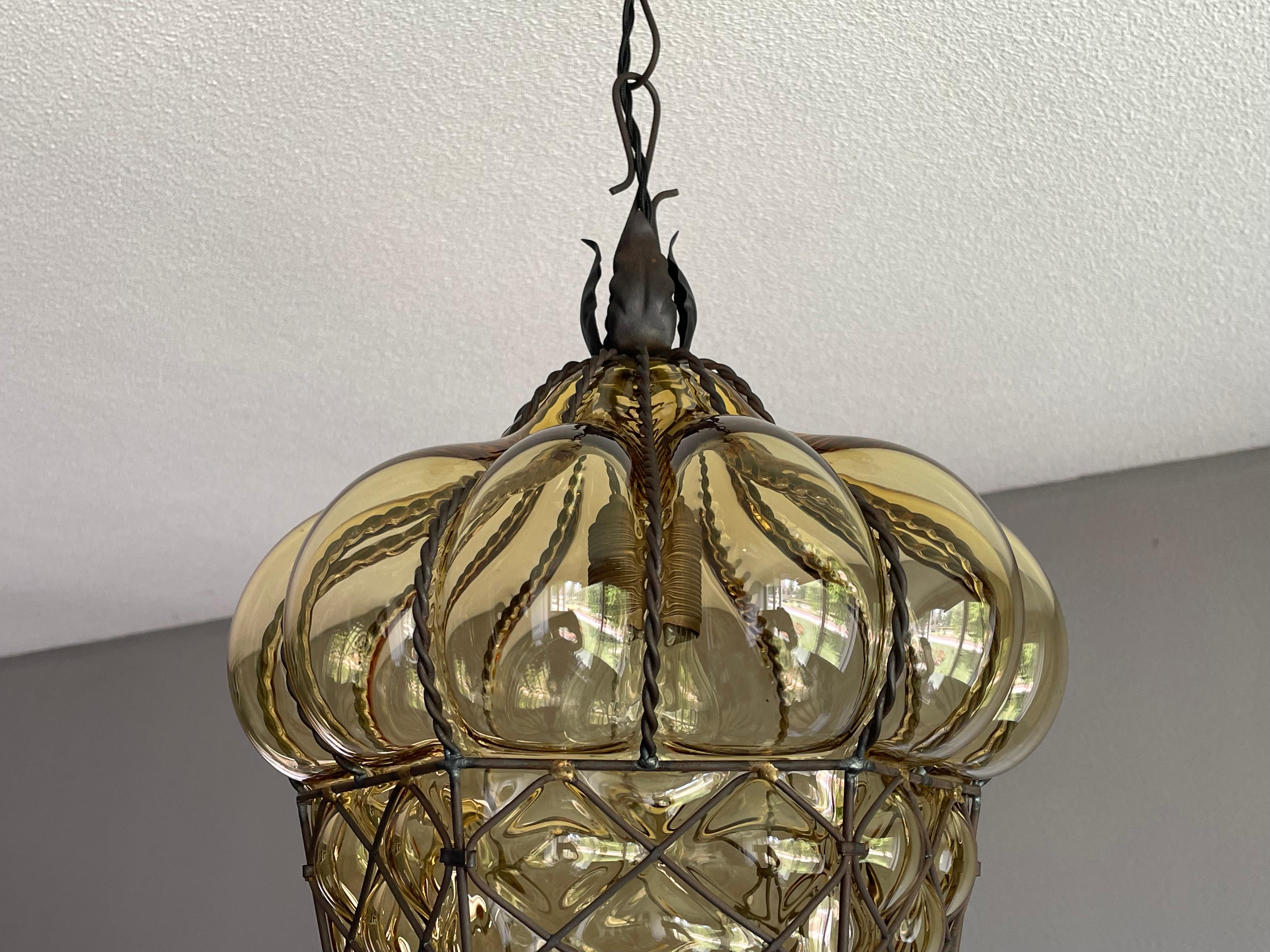 Italian Antique Large and Rare Venetian Mouth Blown Glass in Metal Frame Pendant Light For Sale
