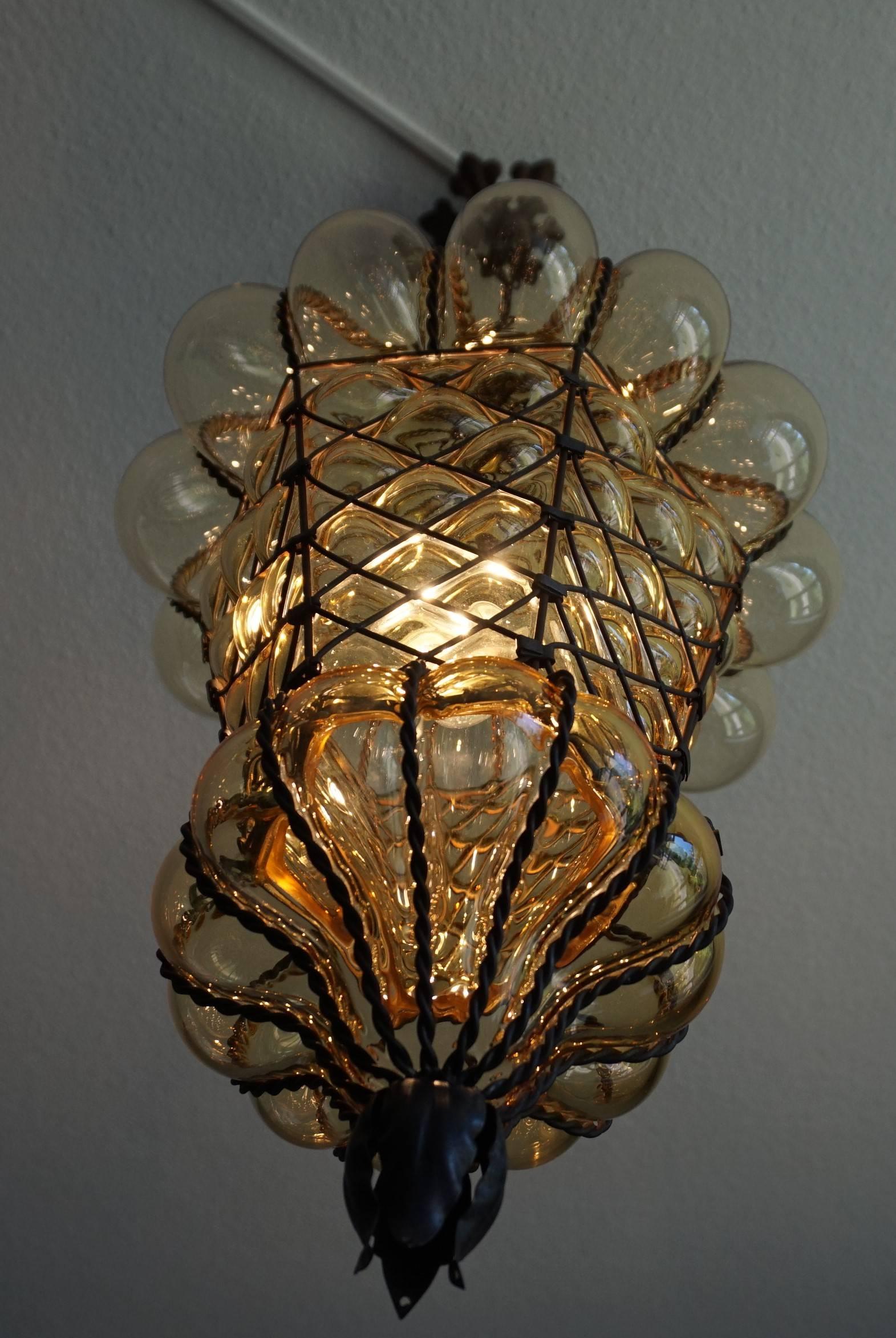 Hand-Crafted Antique Large and Rare Venetian Mouth Blown Glass in Metal Frame Pendant Light