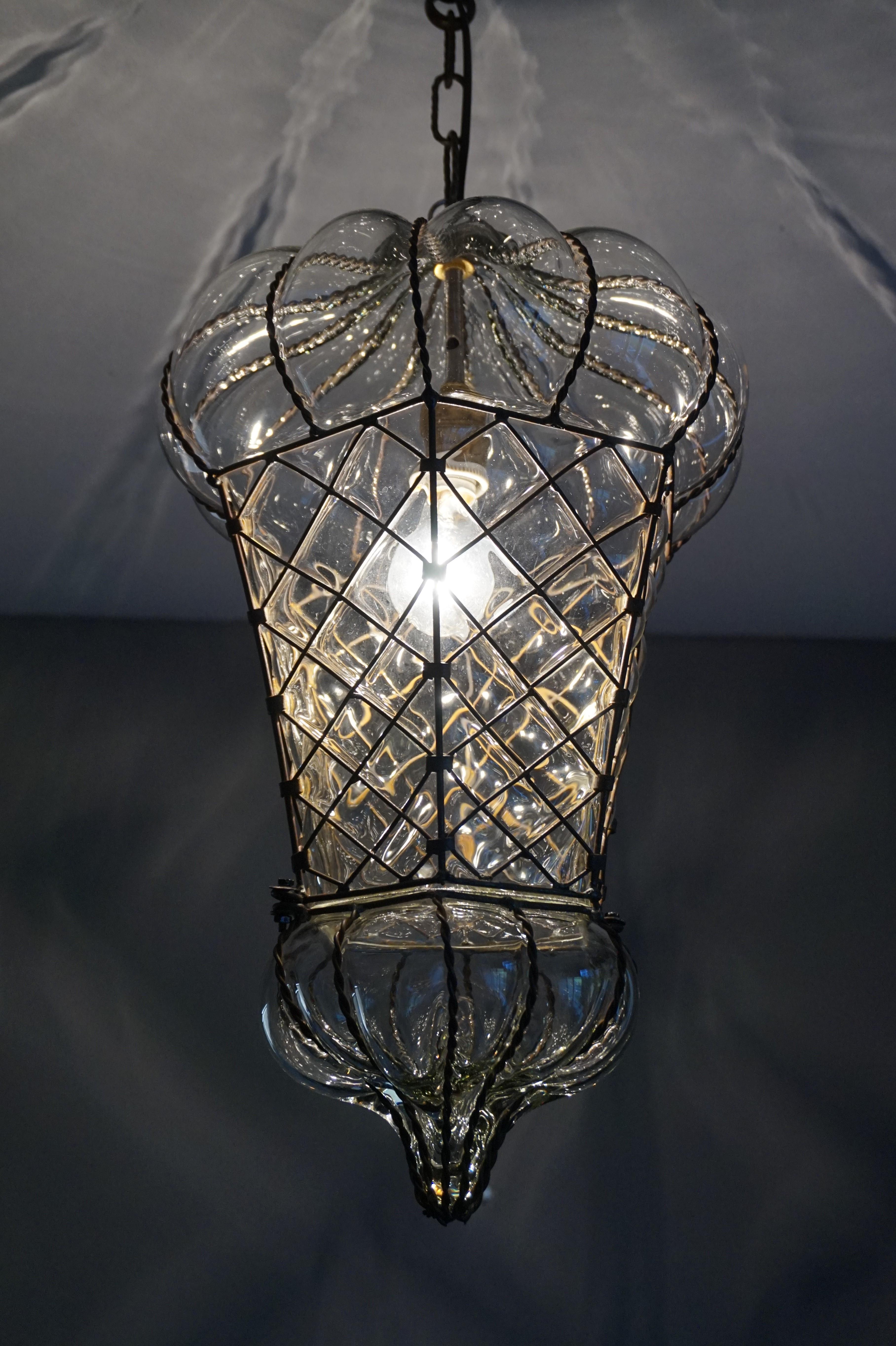 Antique Large and Rare Venetian Mouth Blown Glass in Metal Frame Pendant Light In Good Condition In Lisse, NL