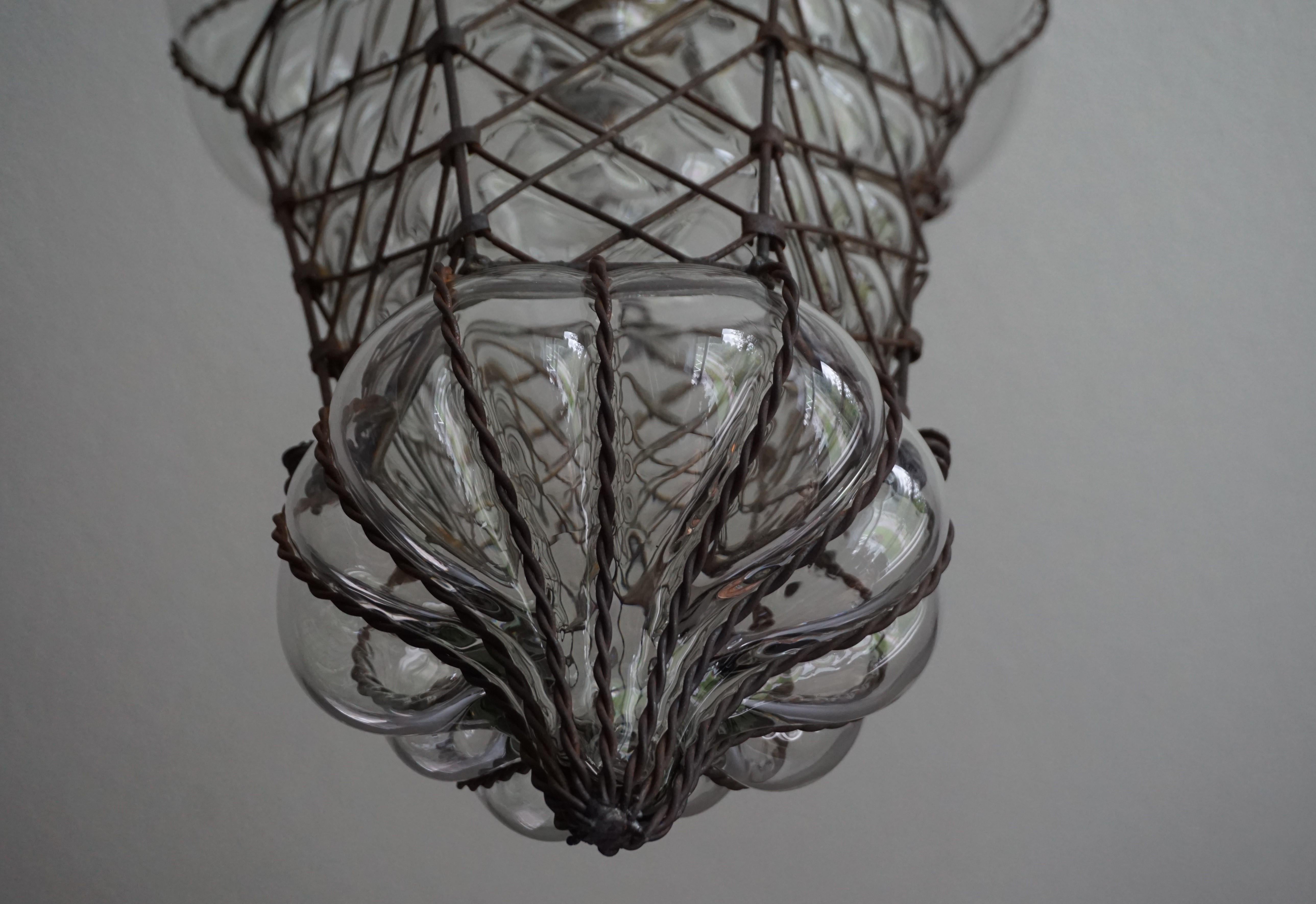 20th Century Antique Large and Rare Venetian Mouth Blown Glass in Metal Frame Pendant Light