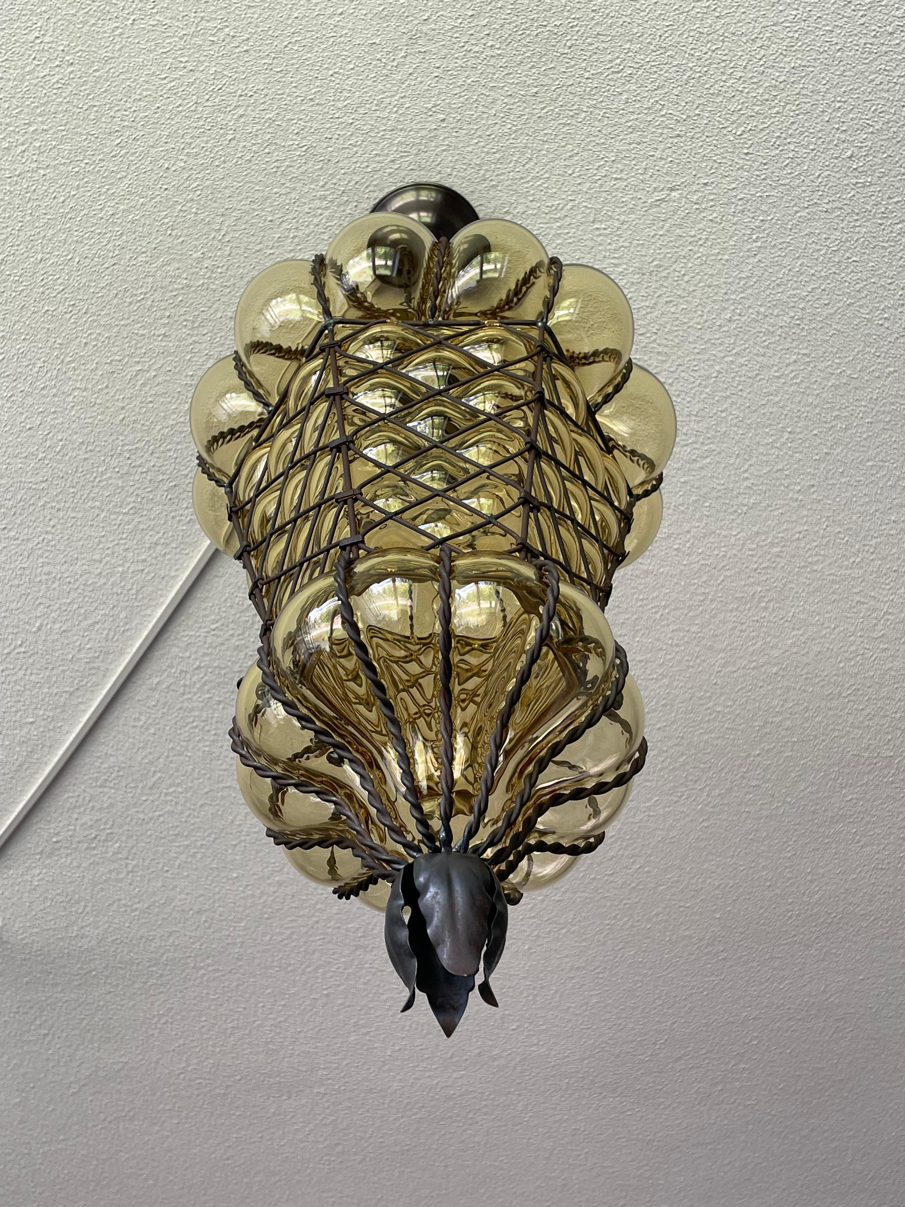 20th Century Antique Large and Rare Venetian Mouth Blown Glass in Metal Frame Pendant Light For Sale
