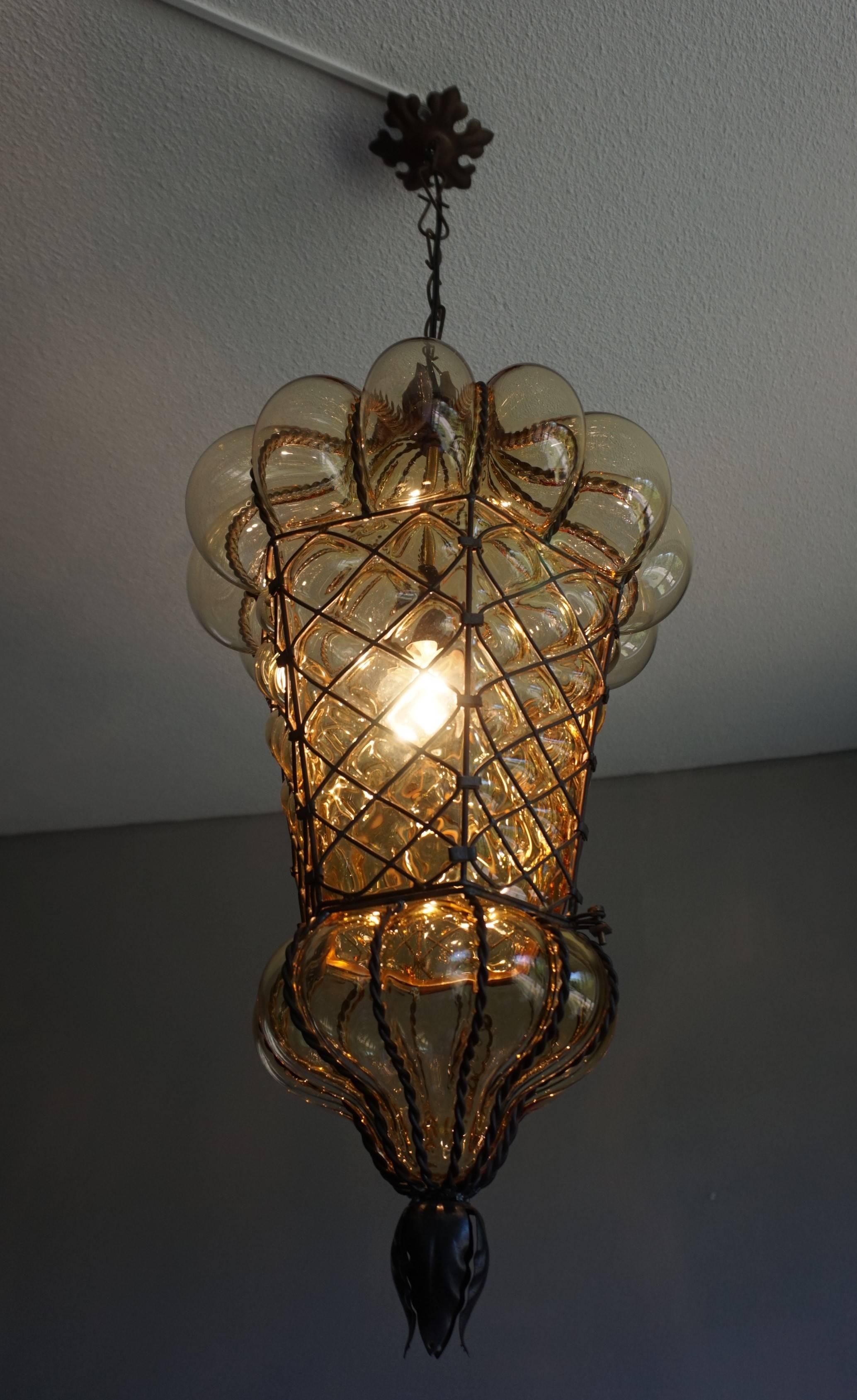 Antique Large and Rare Venetian Mouth Blown Glass in Metal Frame Pendant Light 1