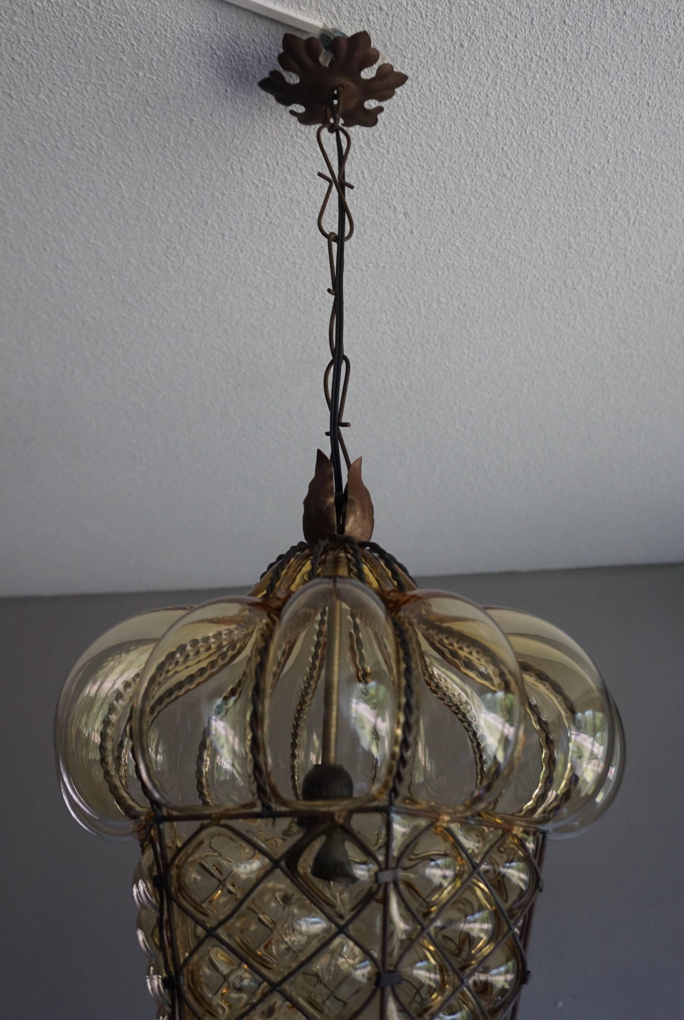 Antique Large and Rare Venetian Mouth Blown Glass in Metal Frame Pendant Light 2