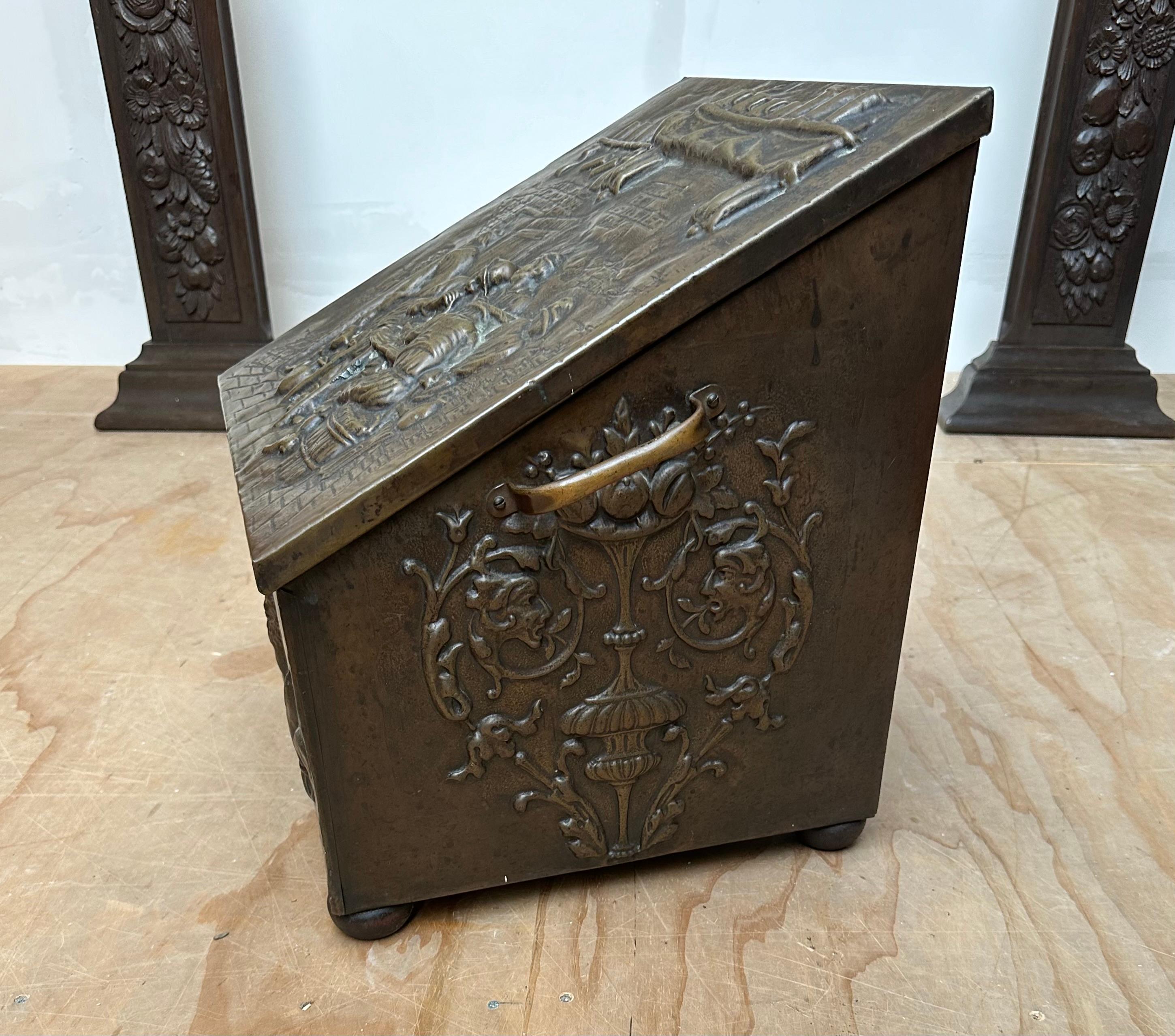 Antique, Large and Stunning Embossed Brass on Wood, Decorative Firewood Bucket For Sale 4