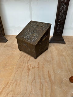 Antique, Large and Stunning Embossed Brass on Wood, Decorative Firewood Bucket