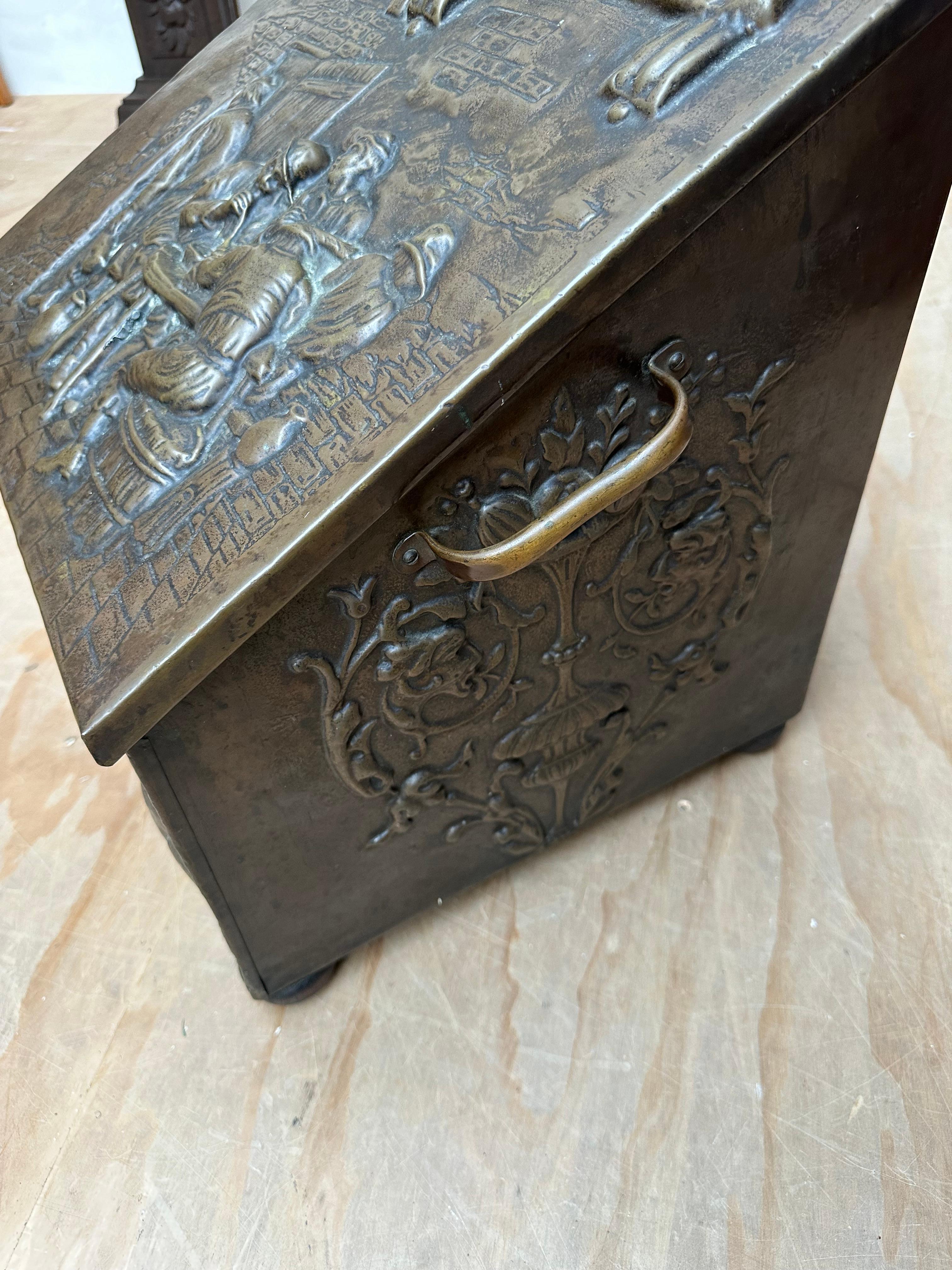 Antique, Large and Stunning Embossed Brass on Wood, Decorative Firewood Bucket For Sale 2