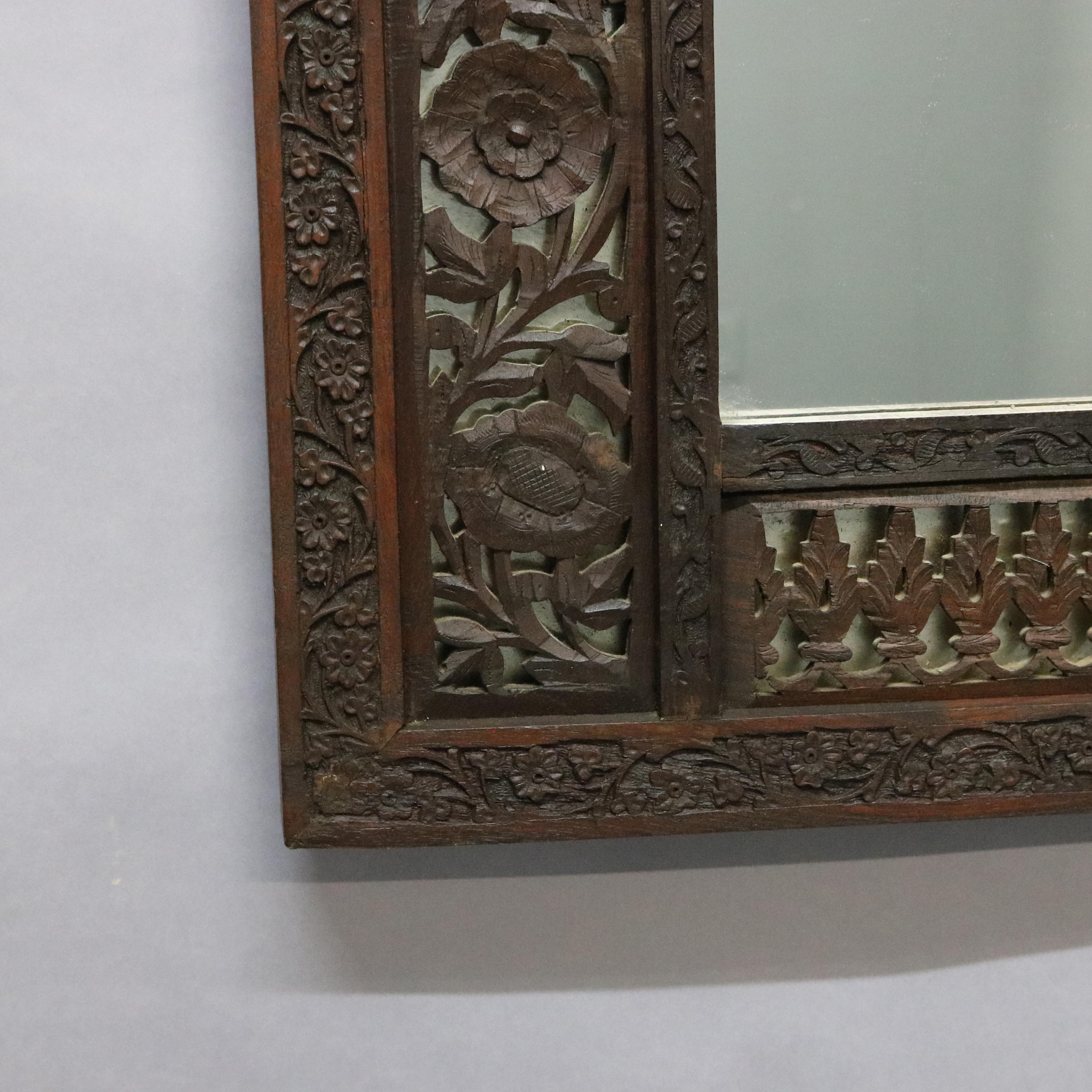 Antique Large Anglo-Indian Reticulated & Carved Teakwood Wall Mirror, circa 1930 3