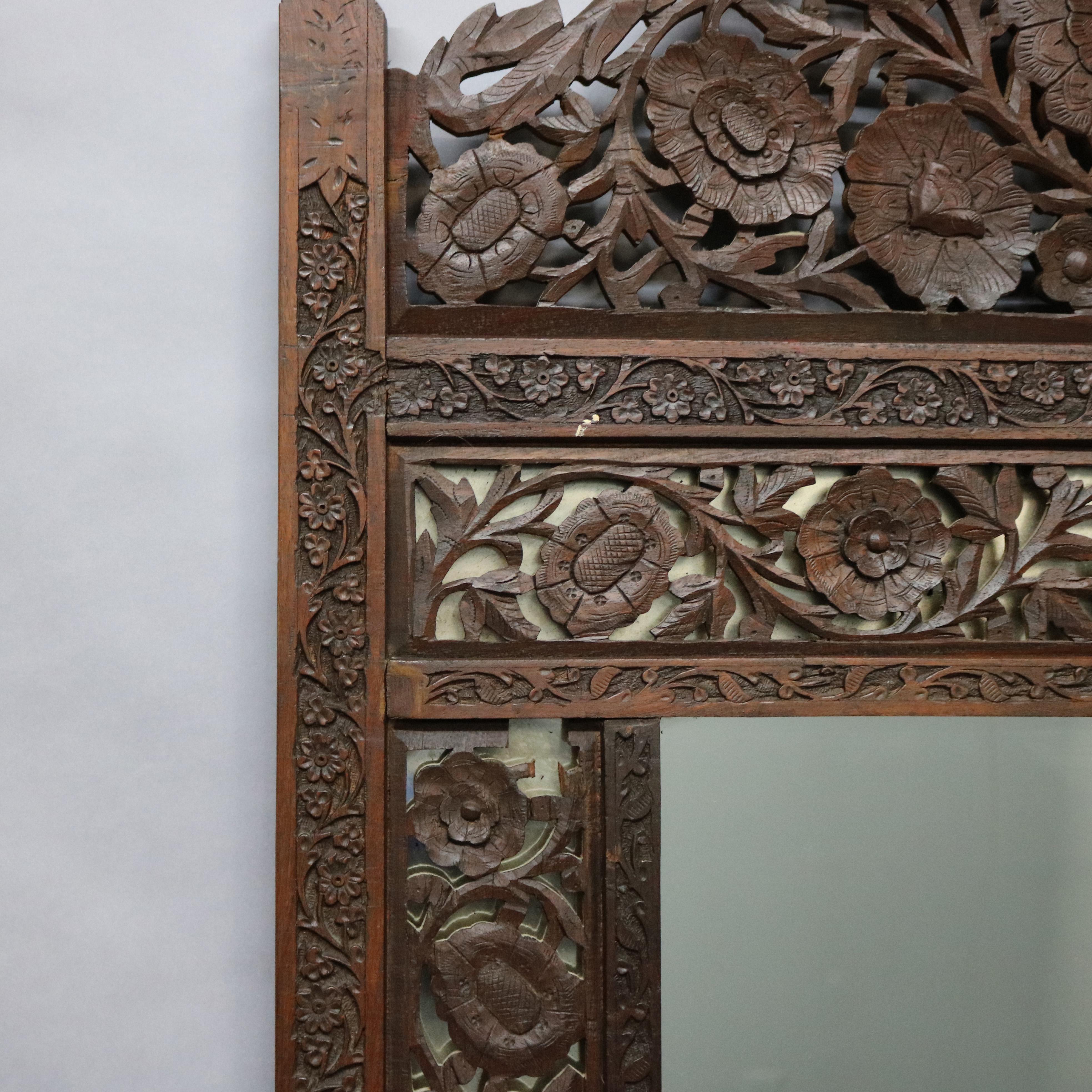 Antique Large Anglo-Indian Reticulated & Carved Teakwood Wall Mirror, circa 1930 1