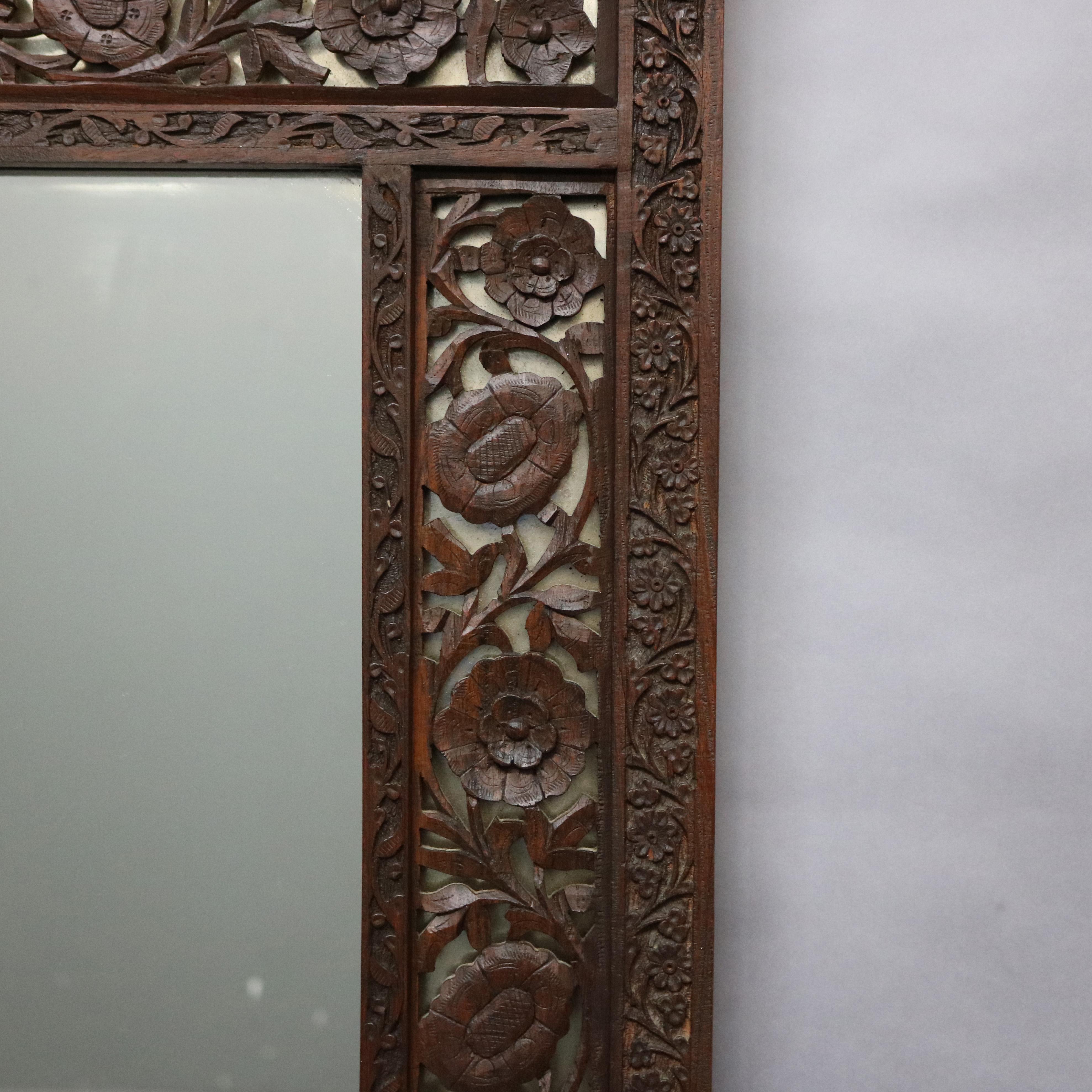 Antique Large Anglo-Indian Reticulated & Carved Teakwood Wall Mirror, circa 1930 2