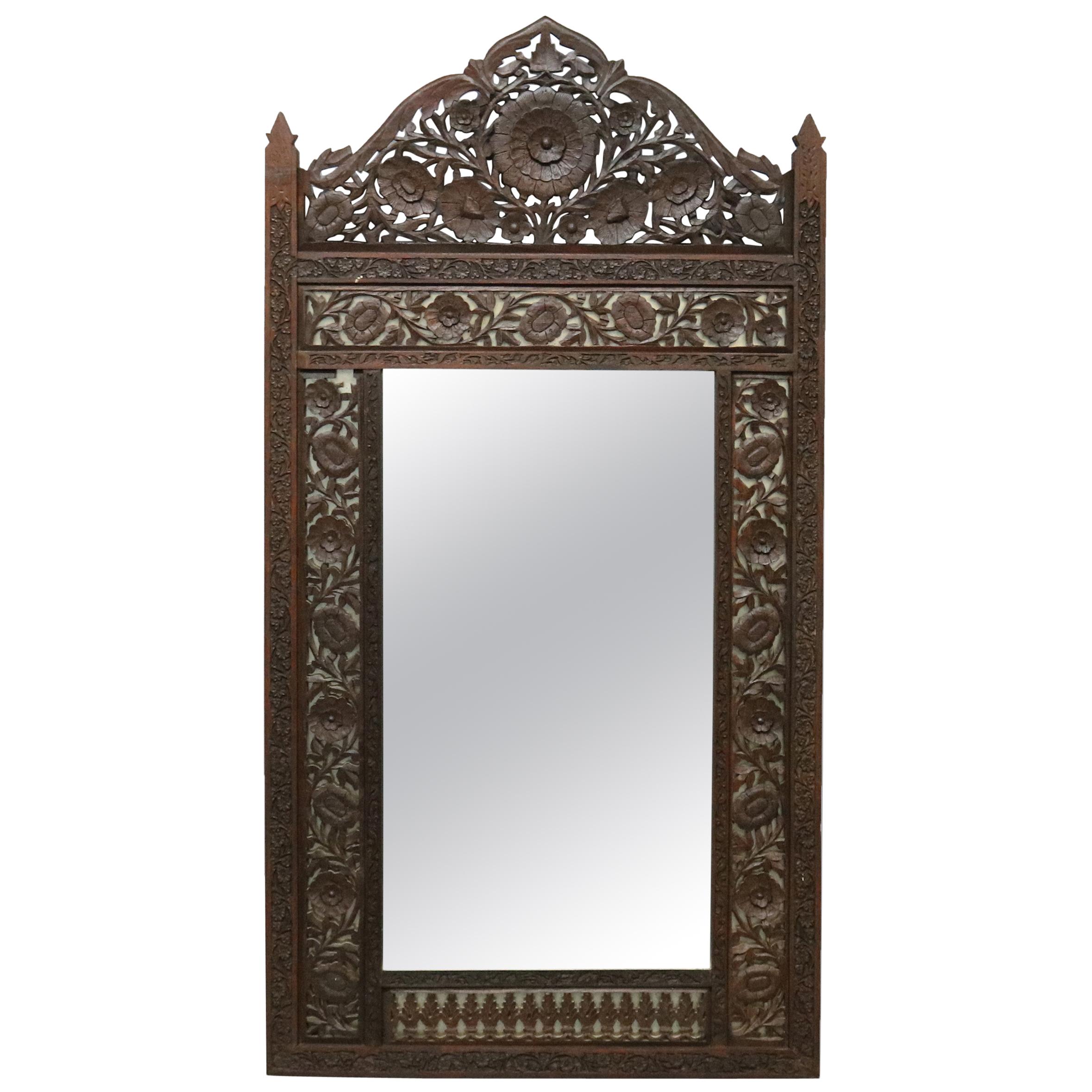 Antique Large Anglo-Indian Reticulated & Carved Teakwood Wall Mirror, circa 1930