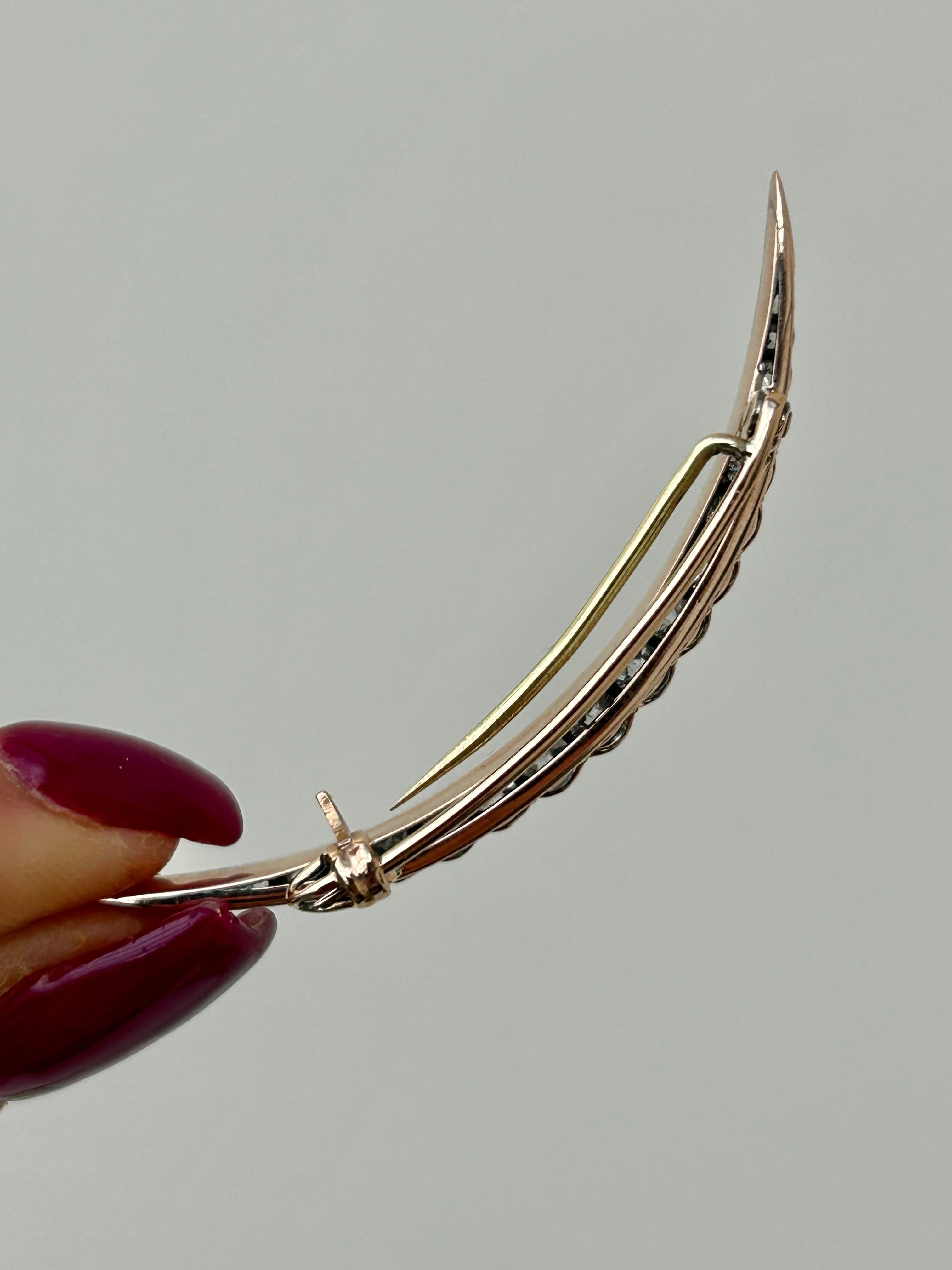 Old Mine Cut Antique Large Approx 1.80 Carat Diamond Crescent Brooch in Gold For Sale