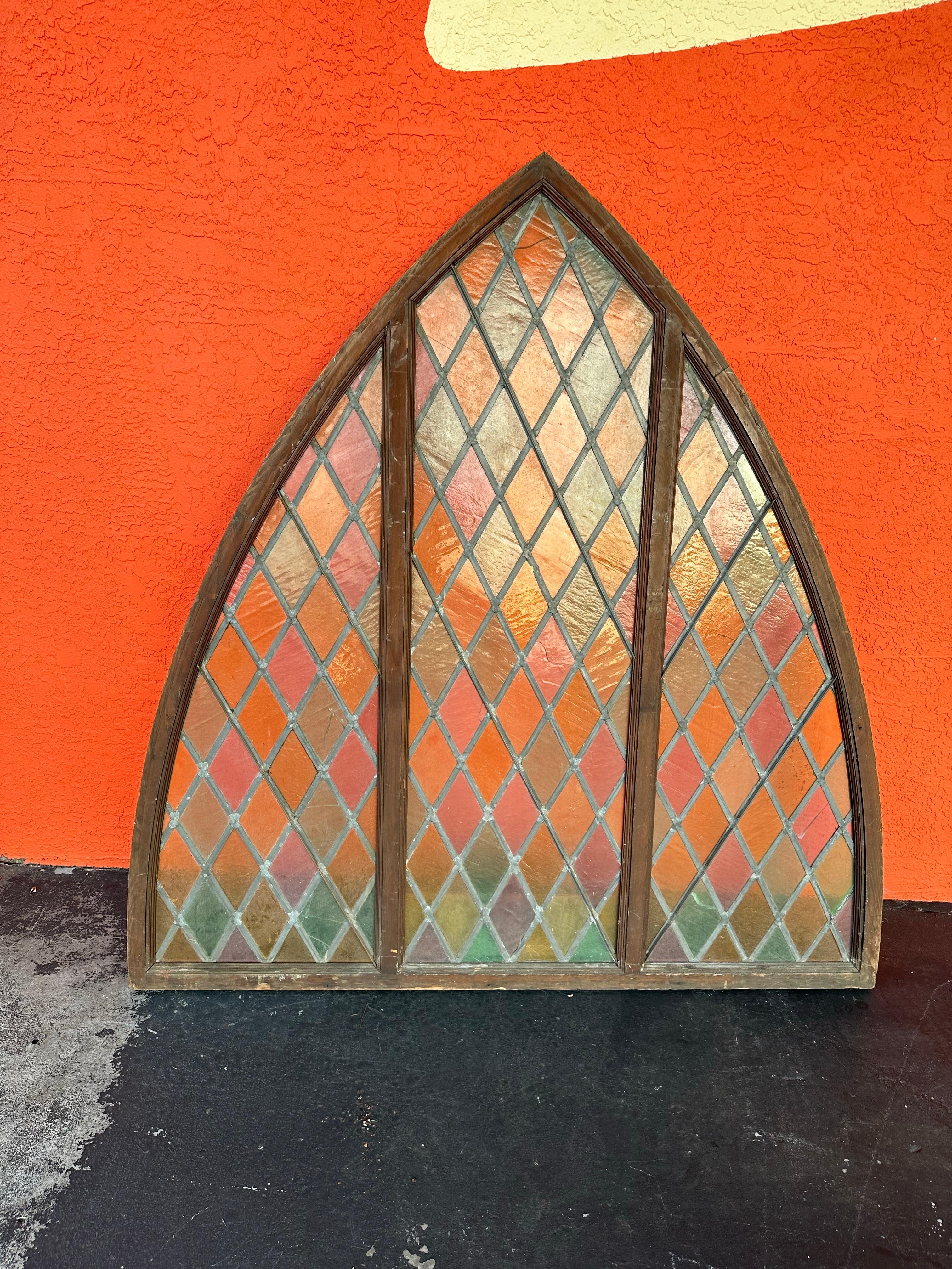 Hand-Crafted Antique Large Arched Stained Glass Window